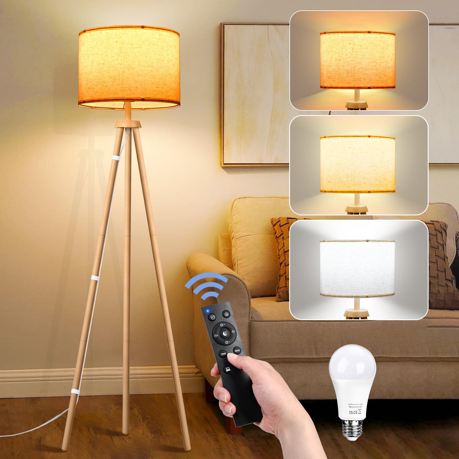 NIKYJM Lámpara de pie Trípode de Madera Regulable con Bombilla E27 12W 3 Colores 3000K-6000K Lámpara de pie con control remoto para sala de estar Oficina