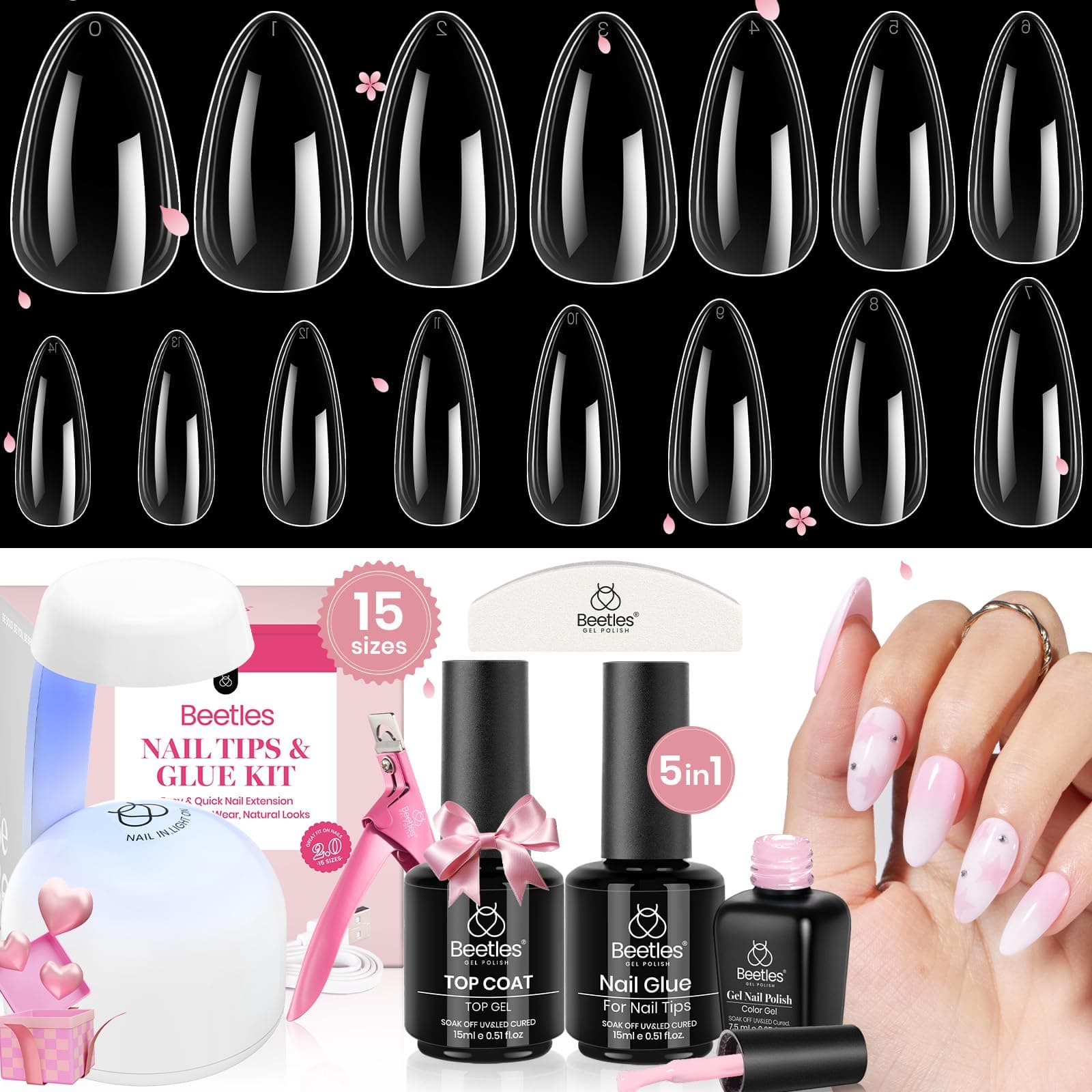 Beetles 600 Stück Nägel Tipps Mandel Mittlerer Set mit Rosa Gel Nagellack，Full Cover Nail Tips mit Lamp für Gelnägel，Kurze Nagelspitzen Tips für Nagelstudios und Maniküre