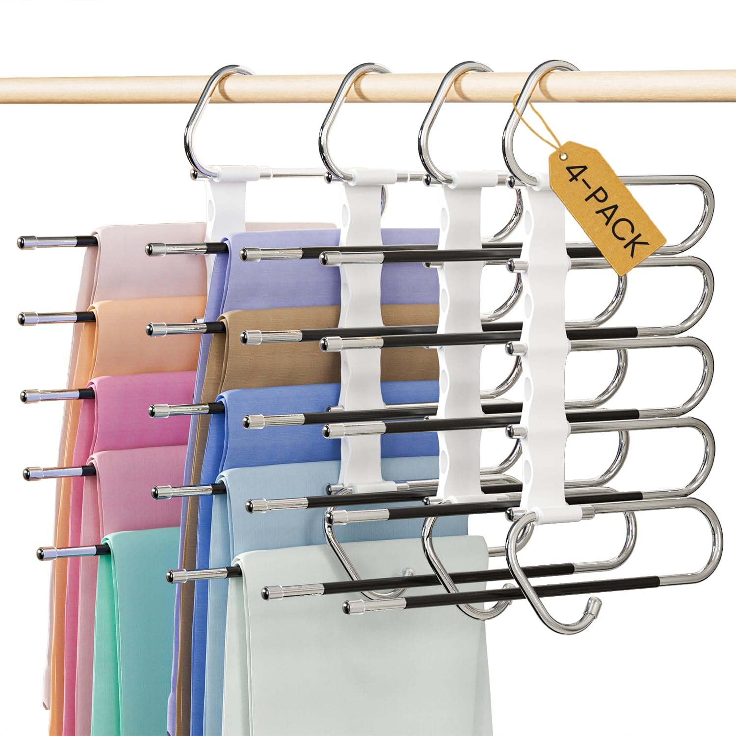 DAMITA Perchas Pantalones Percha Multiple Ahorra Espacio Antideslizantes Plegables 4 Piezas 5 en 1 Blanco De Acero Inoxidable Extensible para Pantalones Bufandas Vaqueros Ropa Perchero Vertikaler
