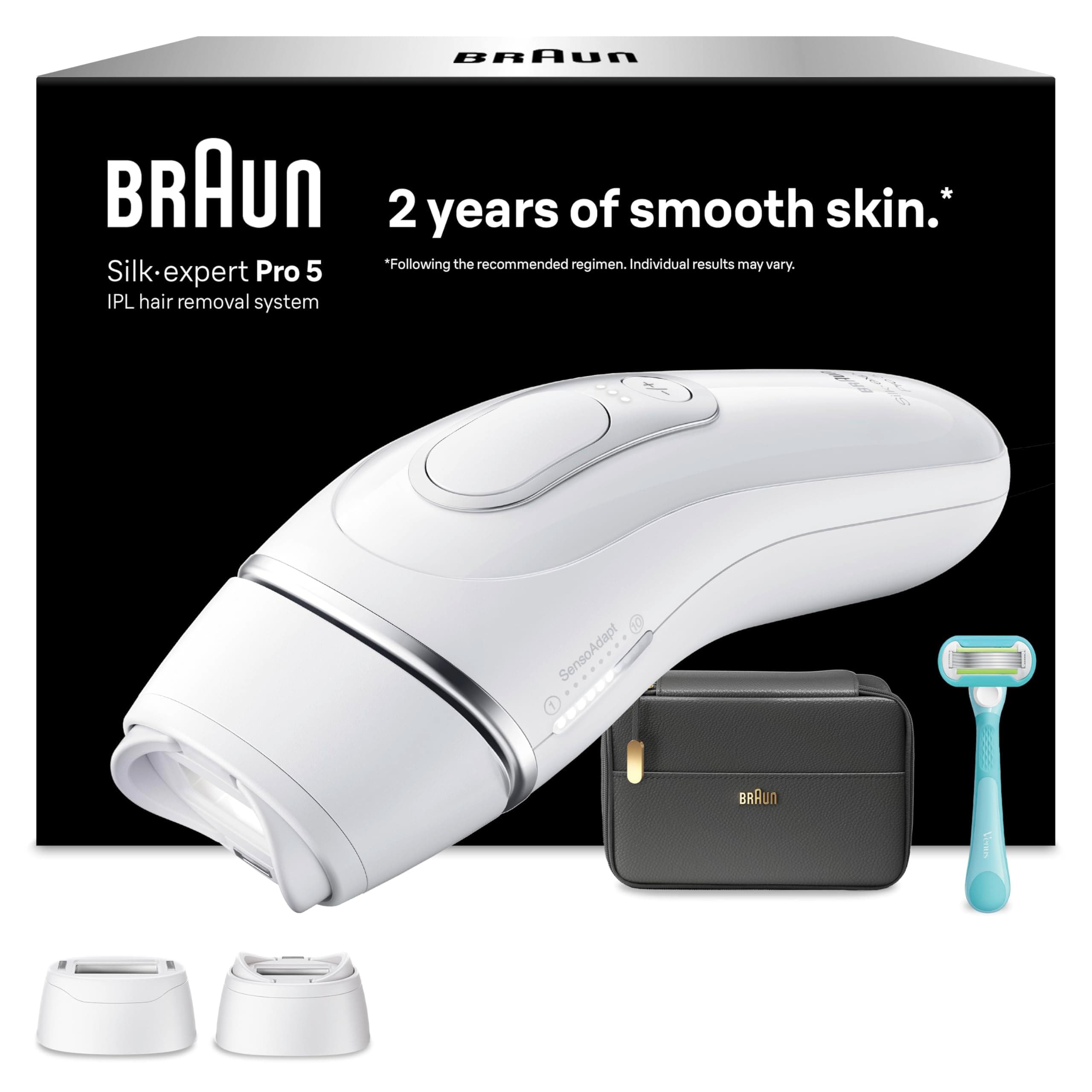 Braun Depiladora Luz Pulsada Silk·expert Pro 5, IPL, Depilación Láser En Casa Para Cara Y Cuerpo, Reducción Permanente Del Vello, Depiladora Laser Con 2 Cabezales, Neceser y Maquinilla Venus, PL5234