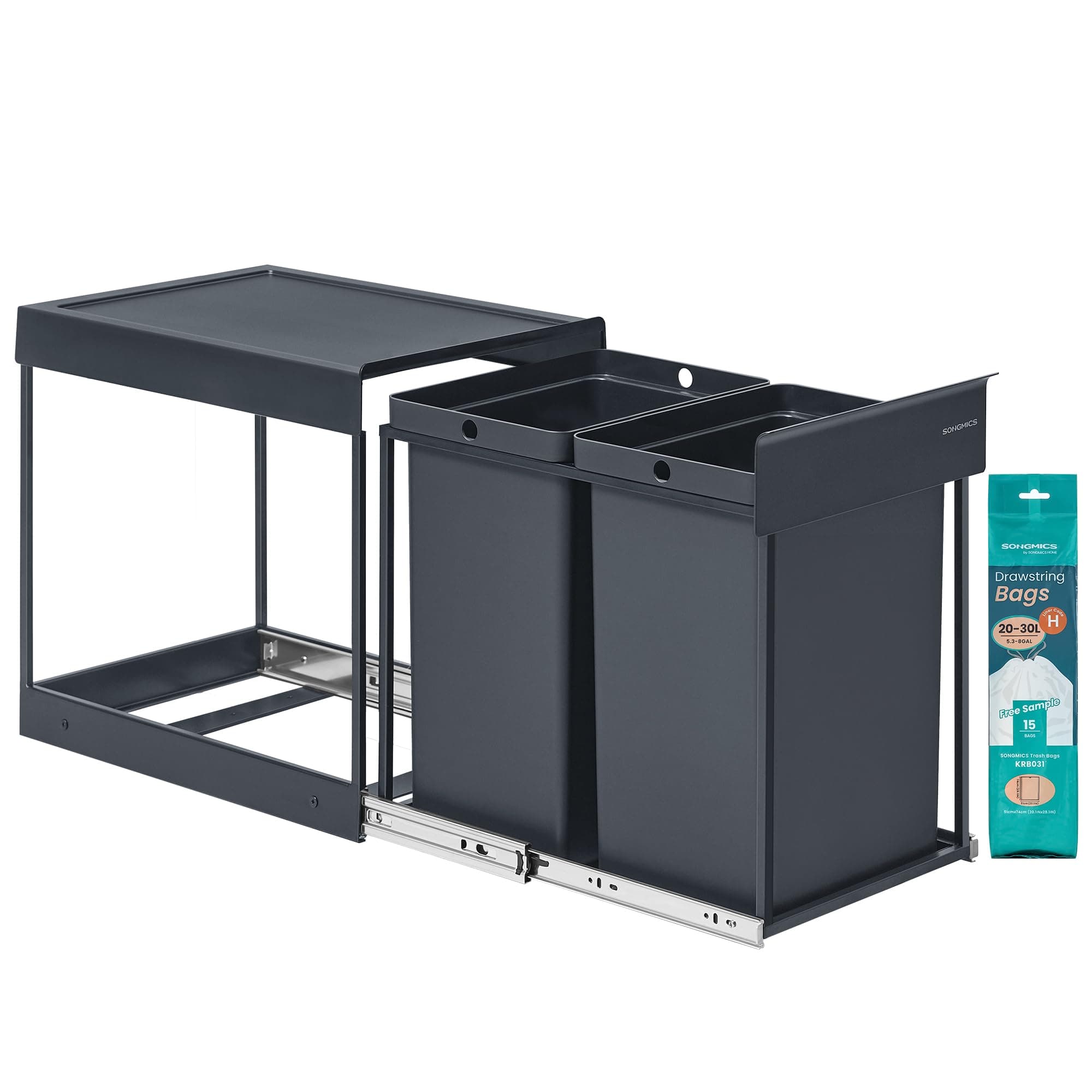 SONGMICS Mülleimer küche, Mülltrennsystem für Unterschrank, 2 x 20 L, Abfalleimer 2 Fächer, ausziehbar, Stahlrahmen, ABS-Deckel, grau LTB951GZ01