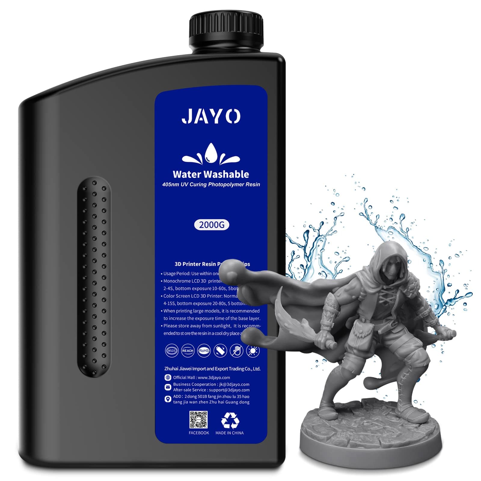 JAYO Resina Lavable en Agua 2KG, Resina Rápida UV 405nm Estándar para Impresora 3D 4K/6K/8K LCD/DLP/SLA, Alta Precisión, Bajo Olor, Gris Oscuro 1KG