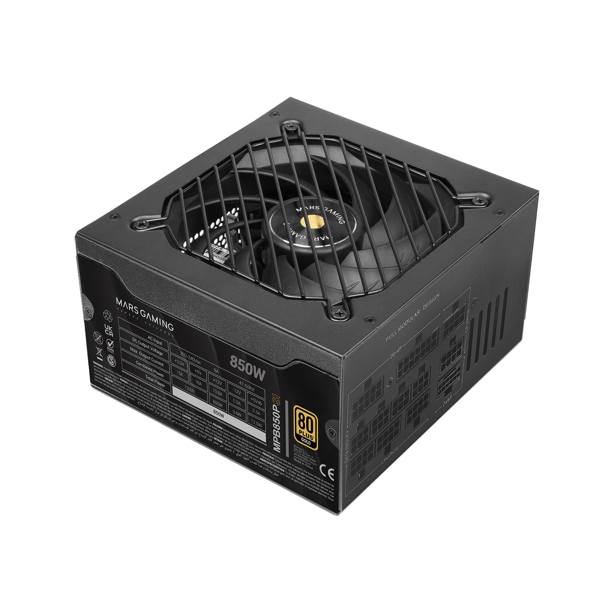 Mars Gaming MPB850PSI, Fuente Alimentación Full Modular ATX 850W, 10 Años Garantía, 80Plus Gold 90%, Ventilador SI 14cm, Tecnología AI2-RPM, DC-DC y SMD, ATX 3.1 y PCIe 5.1, Conector 12V 2x6, Negro