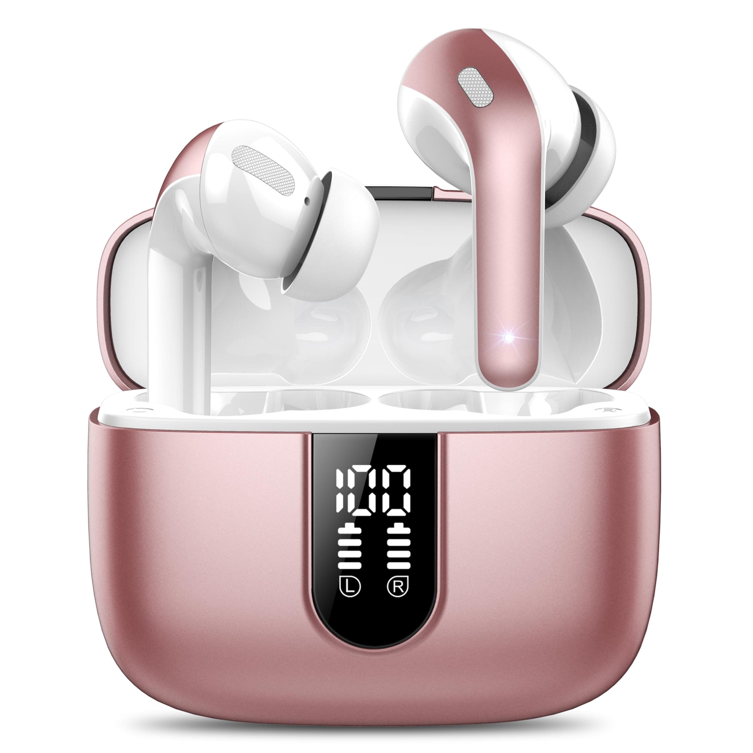 Ecouteurs Bluetooth sans Fil, Écouteurs Bluetooth 5.3, 50 Hrs Contrôle Tactile, 4 ENC Appel Réduction Antibruit Mic, Basses Profondes, Ajustement Confortable, IP7 Étanche Casque（Rose doré Classique）