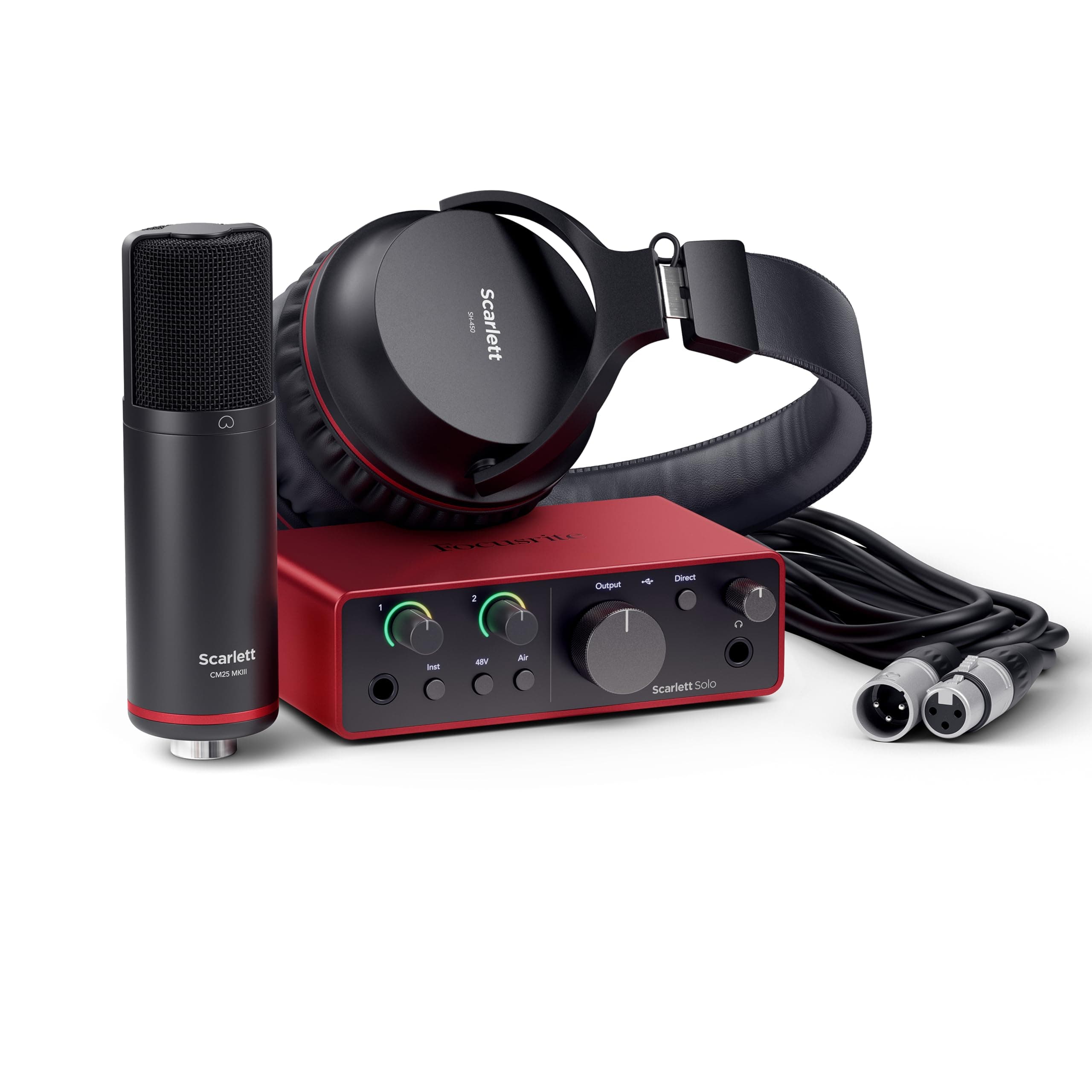 Focusrite Scarlett Solo Studio (4° gen.), pacchetto con interfaccia audio USB per cantautori e produttori, microfono a condensatore e cuffie, ideale per registrazioni, streaming e podcast