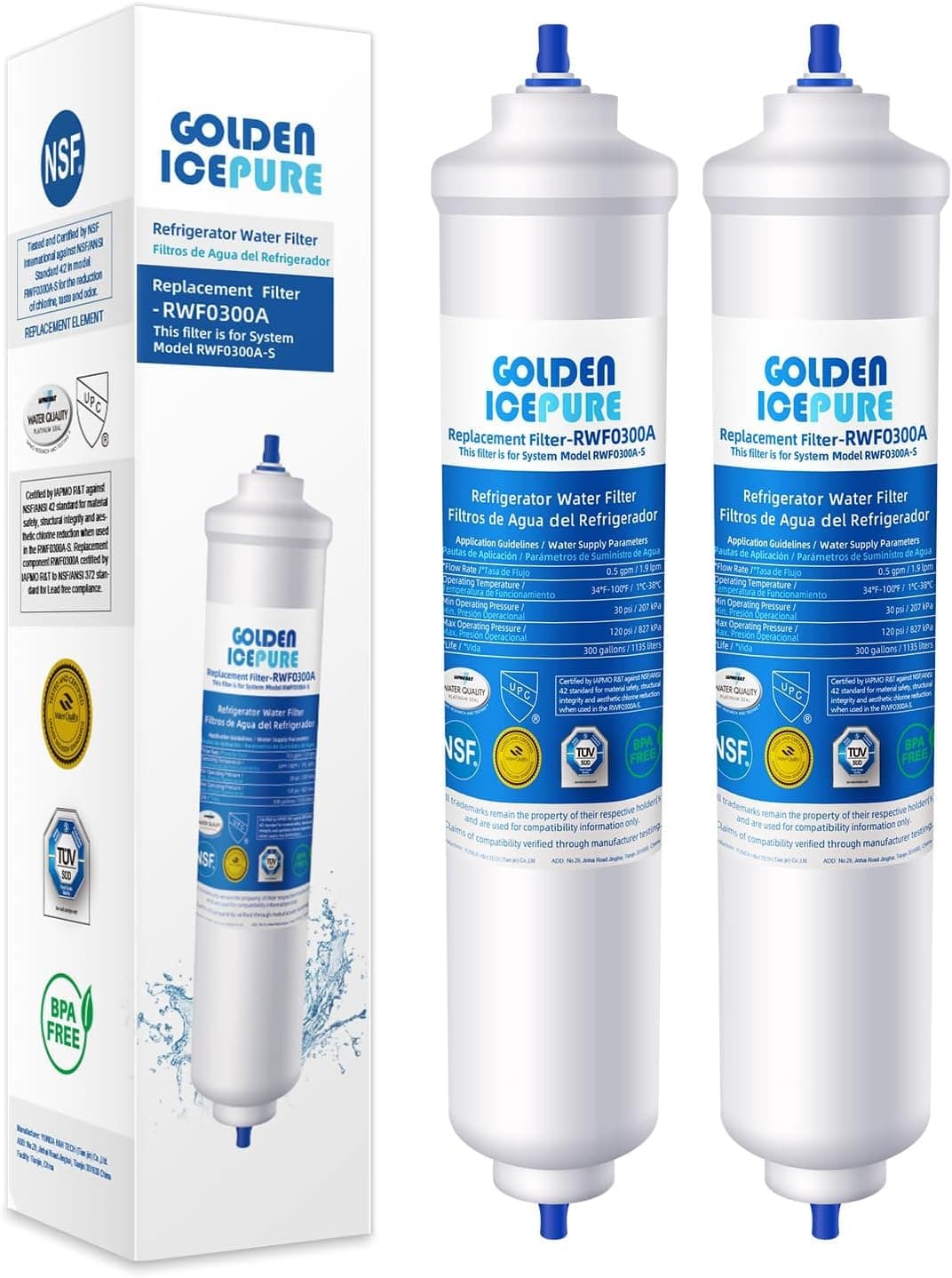 GOLDEN ICEPURE Filtro de agua para refrigerador Compatible Con Samsung DA29-10105J, DA29-10105J HAFEX/EXP, DA99-02131B, WSF-100, EF9603, HAIER LG Refrigerador de línea, 2 piezas,
