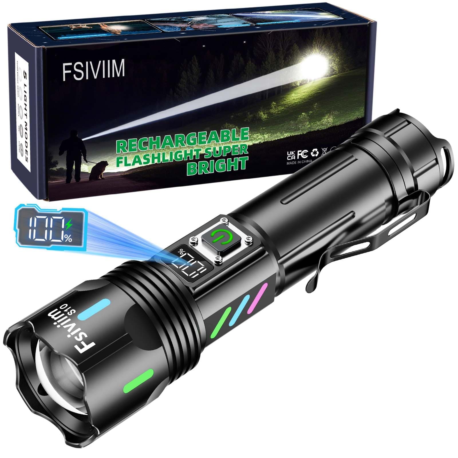 Fsiviim Lampe Torche LED Ultra Puissante, 1,000,000 Lumens Lampe Torche rechargeable, lampe torche puissante, 5 Modes D'éclairage, Zoomable, Pour Camping
