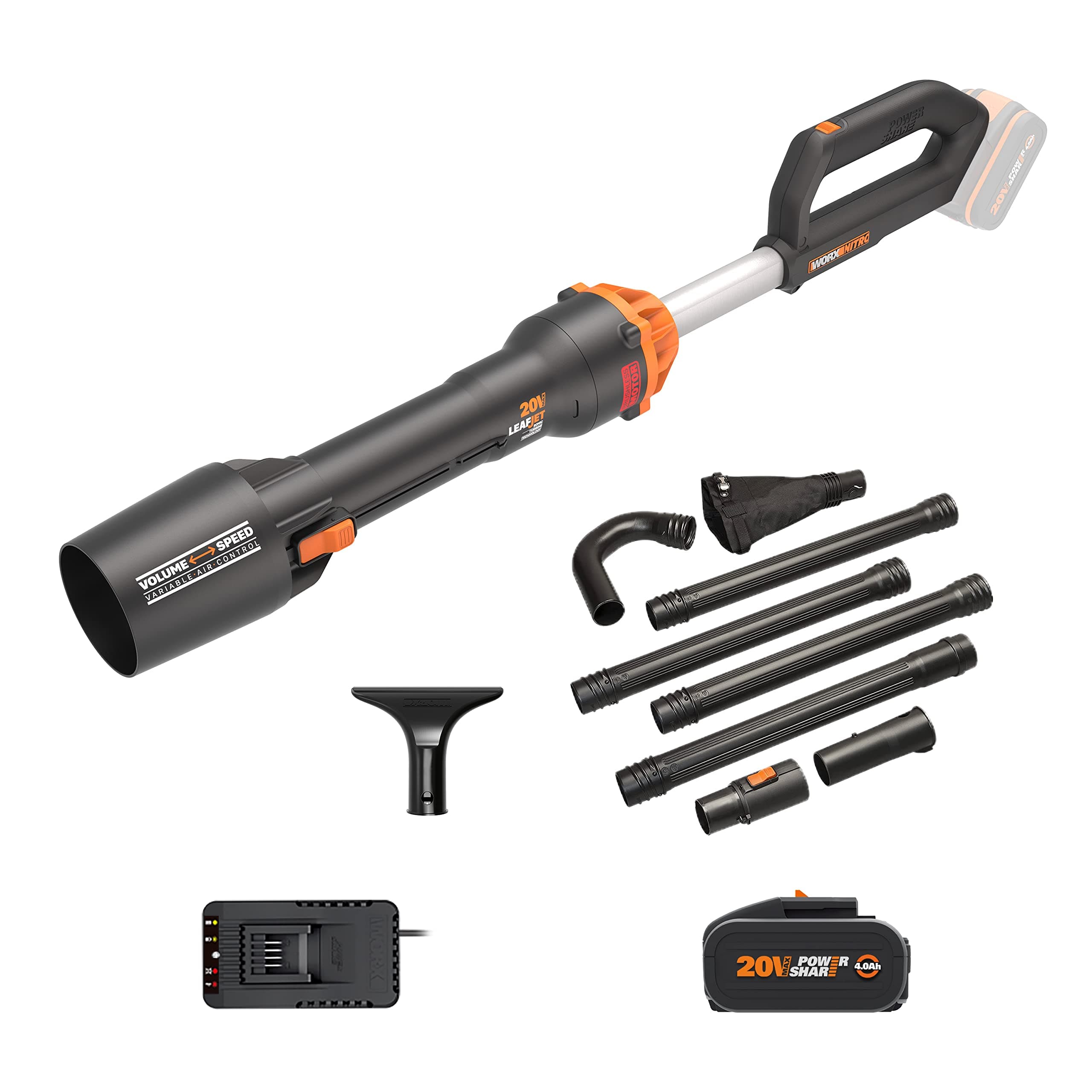 WORX NITRO Souffleur Électrique Batterie Souffleur Feuilles Mortes sans Fil 18V (20V MAX) WG543E.1, PowerShare, 2 Vitesses, 209 m³/h, Contrôle d'air Variable