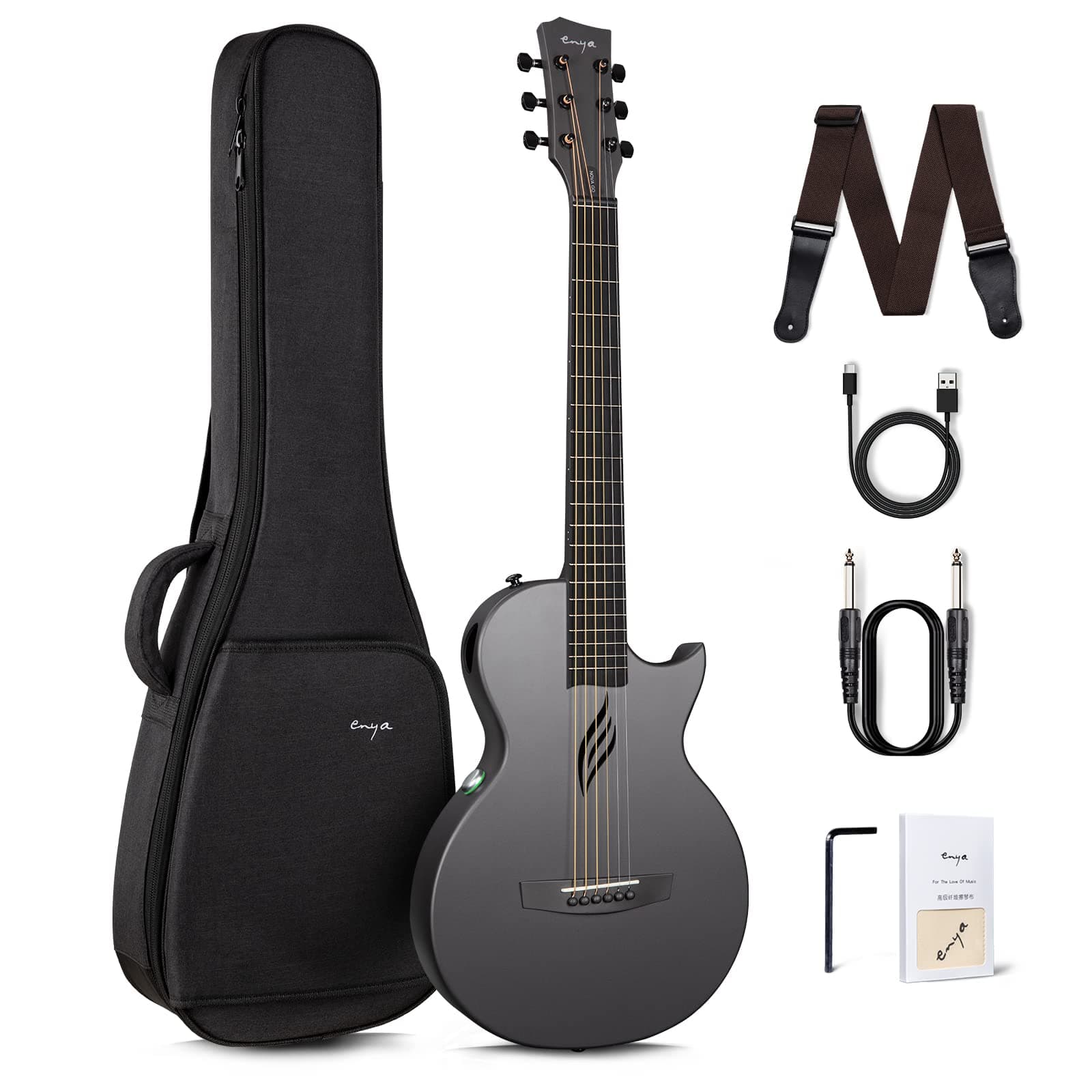 Enya Guitarra Principiantes Set - 3/4 Fibra de Carbono Negro Nova Go SP1 Guitarra Eléctrica acústica con Smart Guitar AcousticPlus Pickup para Adultos Escuela Hogar Viajes Cadeau de Noël