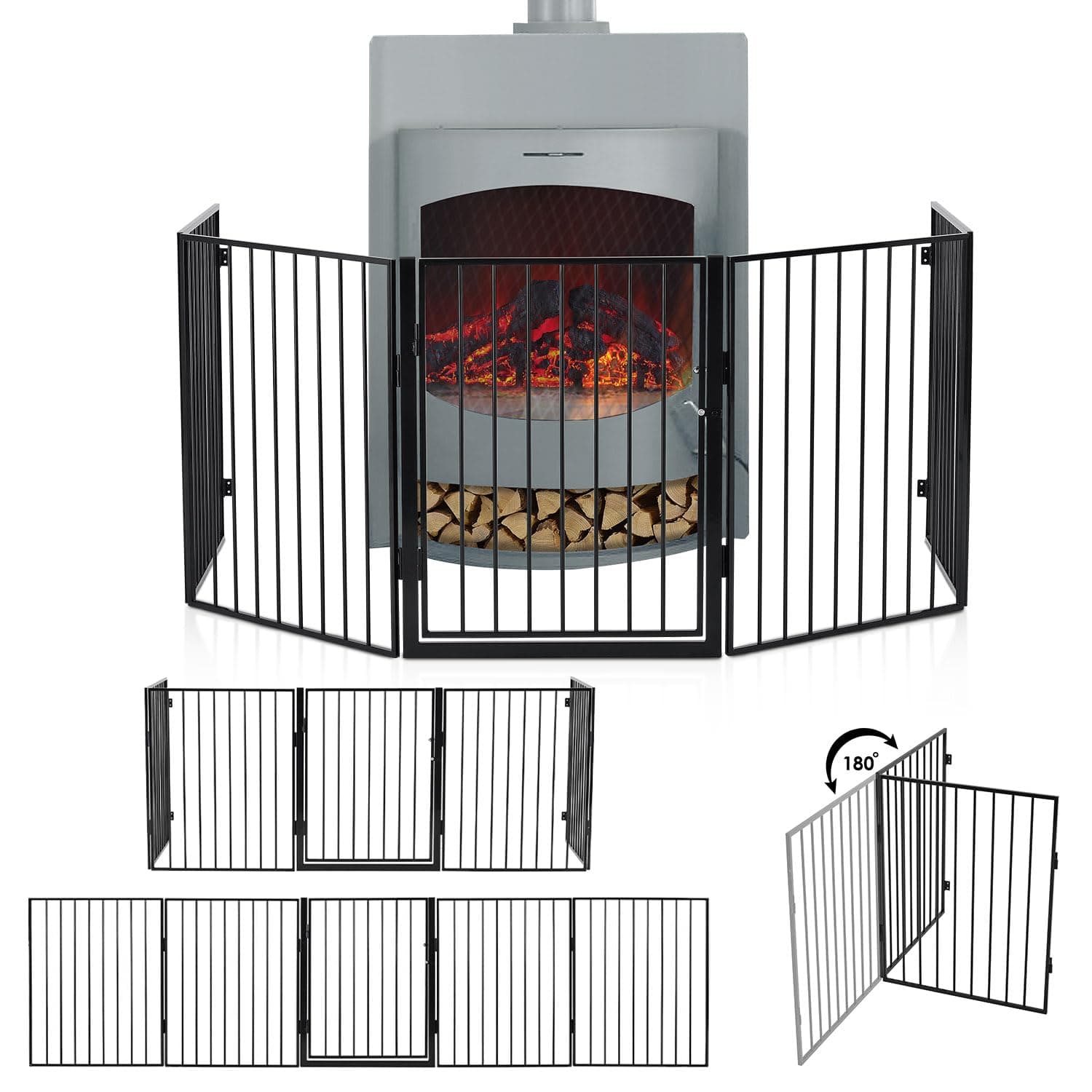 Juskys Metall Kaminschutzgitter 300 x 76 cm klappbar - Schutzgitter für Tiere - 5 Elemente inkl. Tür - Laufgitter Absperrgitter