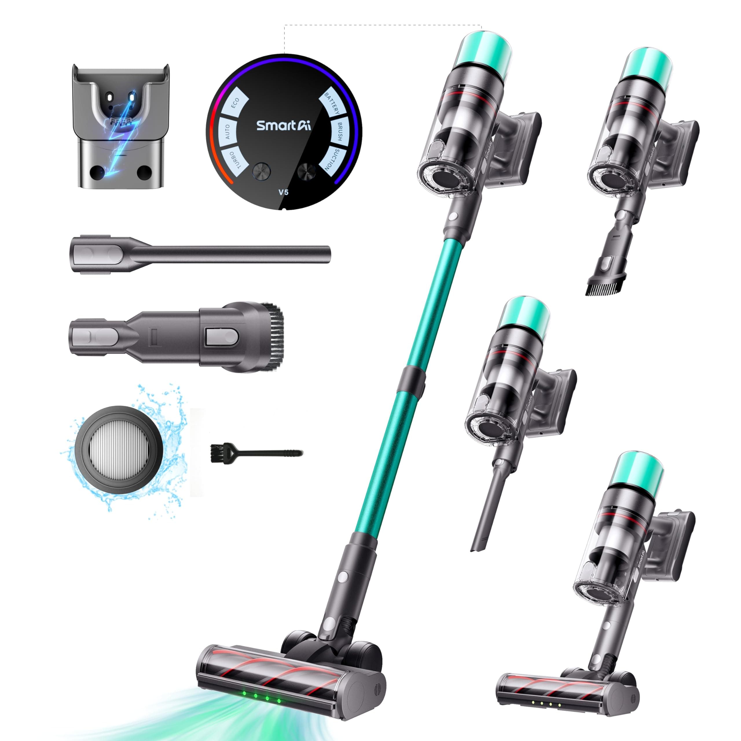 SmartAI V5 Aspiradora sin Cable, 55Kpa/600W/80Mins Aspirador Escoba Vertical Potente con Modo Automático, Alta Capacidad Batería Aspirador Inalámbrico Antienredo para Suelo/Alfombra/Pelos de Animales