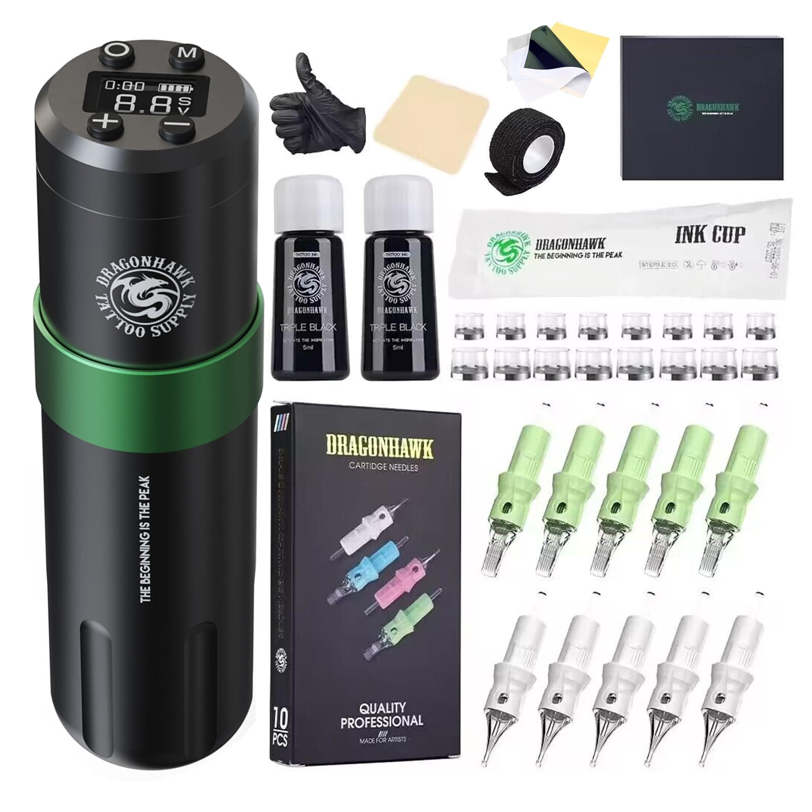 Dragonhawk Kit Tatouage de Machine à Tatouer Rotatif Sans fil avec 1500mah Batterie 3.5mm Stroke Length de 20pcs Aiguilles Power Supply for Tattoo Artists