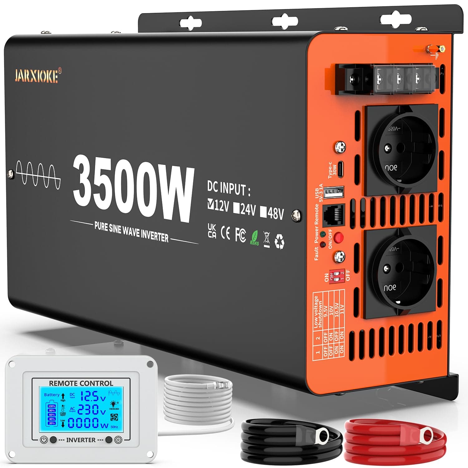 JARXIOKE 3500W Convertisseur 12V 220V Pur Sinus Inverter Onduleur Transformateur avec Télécommande LCD&2 Prises UE&Port USB-A&Port Type-C(36w) pour Voiture,Caravane,Camping,Les Systèmes Solaires