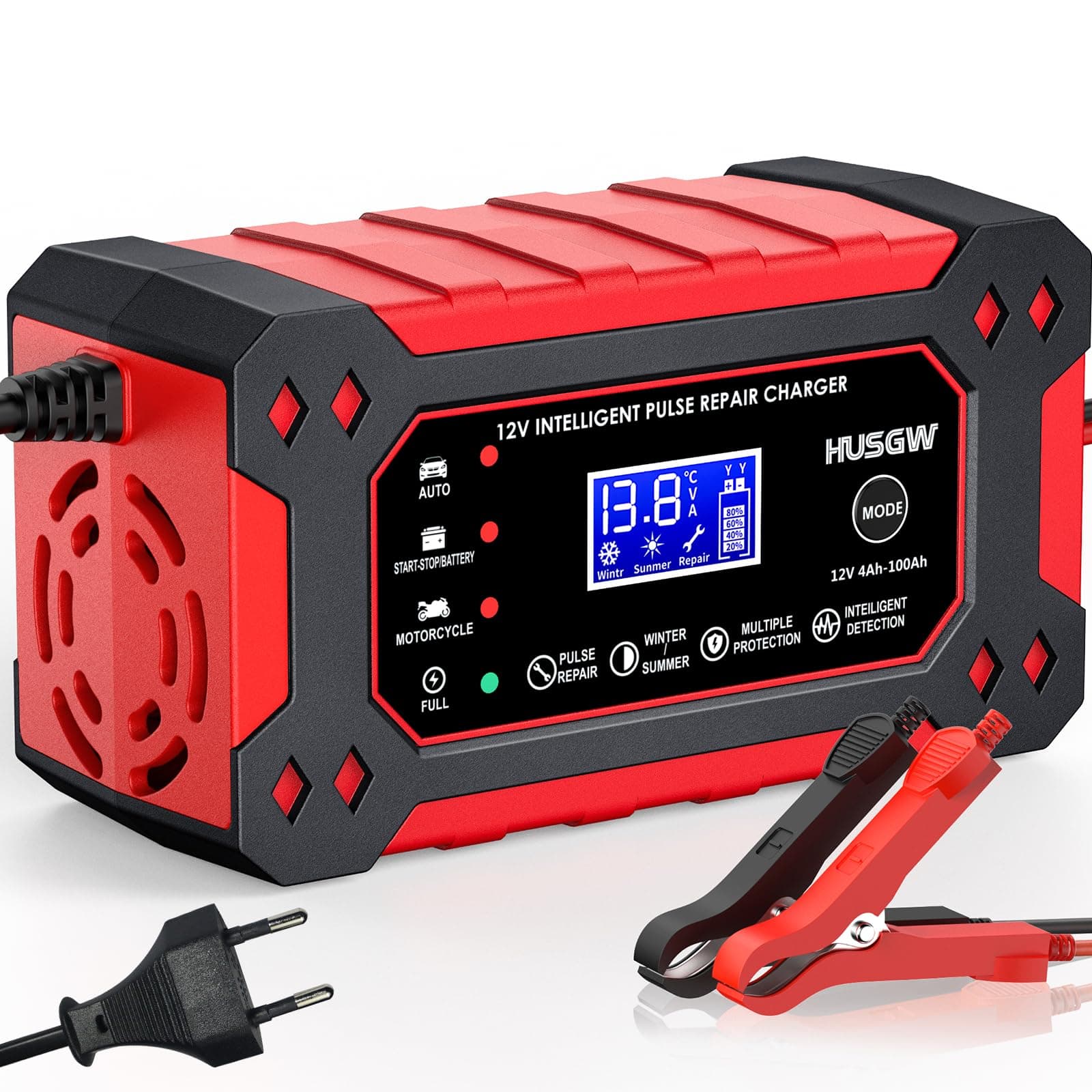 12V6A Cargador de Batería de Coche,Cargador de Batería Inteligente con Pantalla LCD, Múltiples Funciones de Protección,paraAutomóviles,Moto,Camión,AGM,Gel,SLA (2Ah-100Ah)