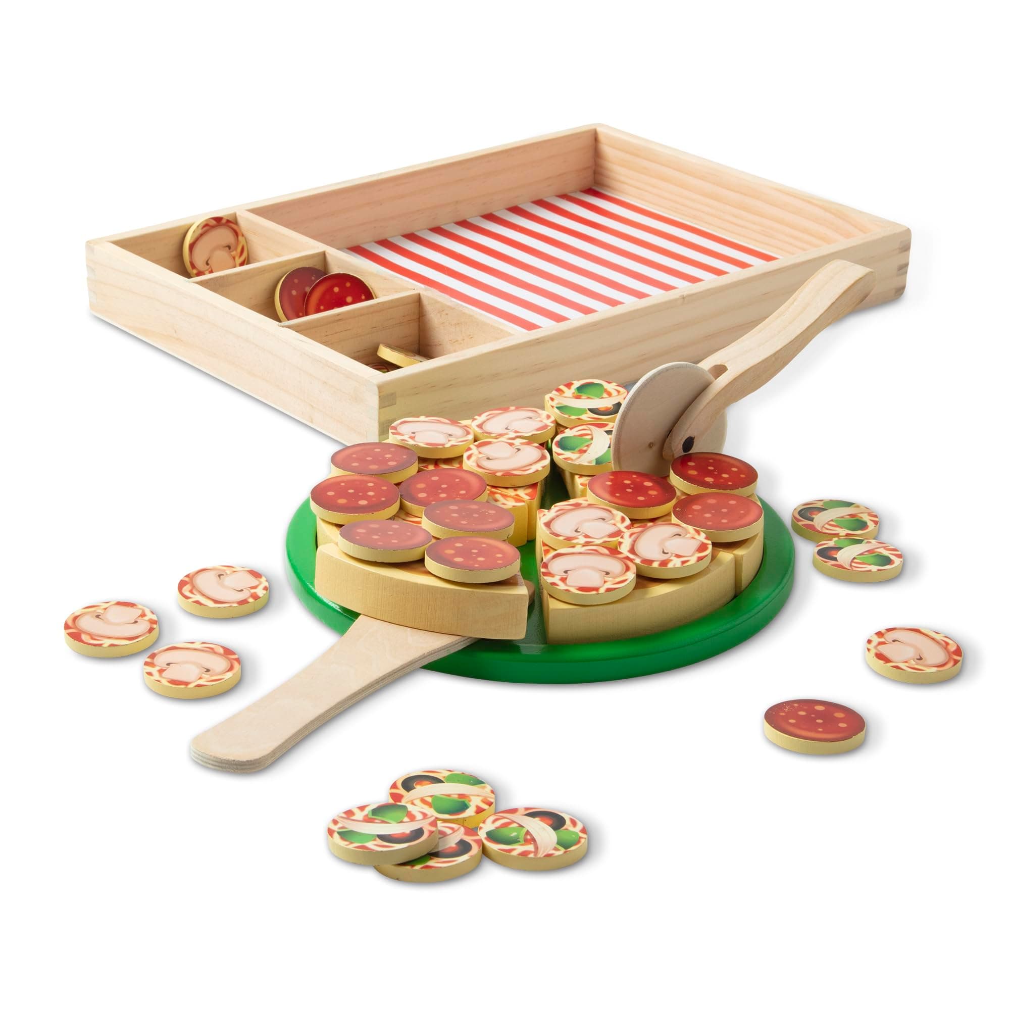 Melissa & Doug - Pizza-Party-Spielset aus Holz, 45-teilig,mit Pizzaschneider, Pizzateller, Holzspatel und Holzbox, Für Kinder ab 3 Jahren