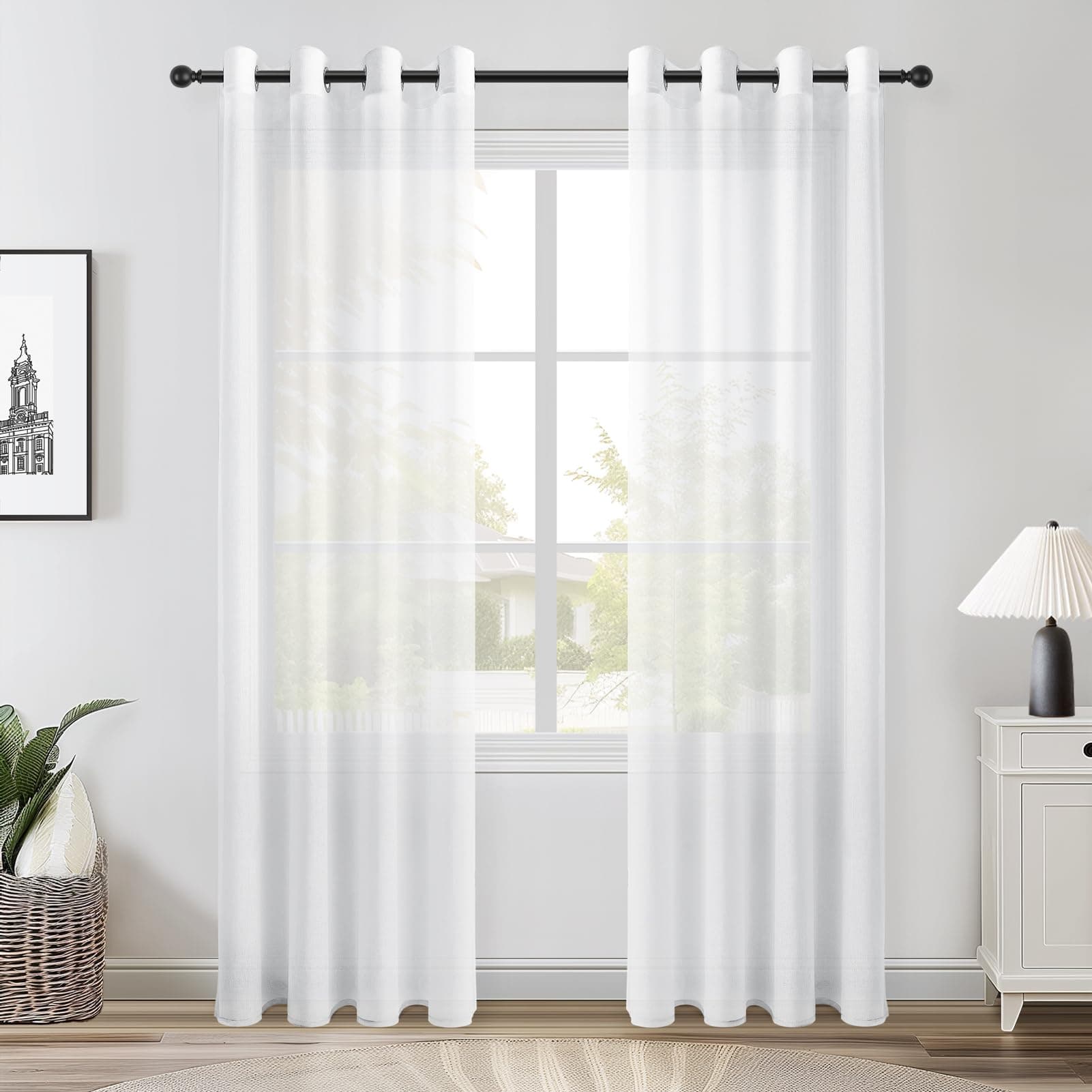 Topfinel Rideau Voilage Blanc en Effet Lin - A Oeillets Rideaux Salon 140x250cm Voilages intérieurs Semi-Transparent 2pcs