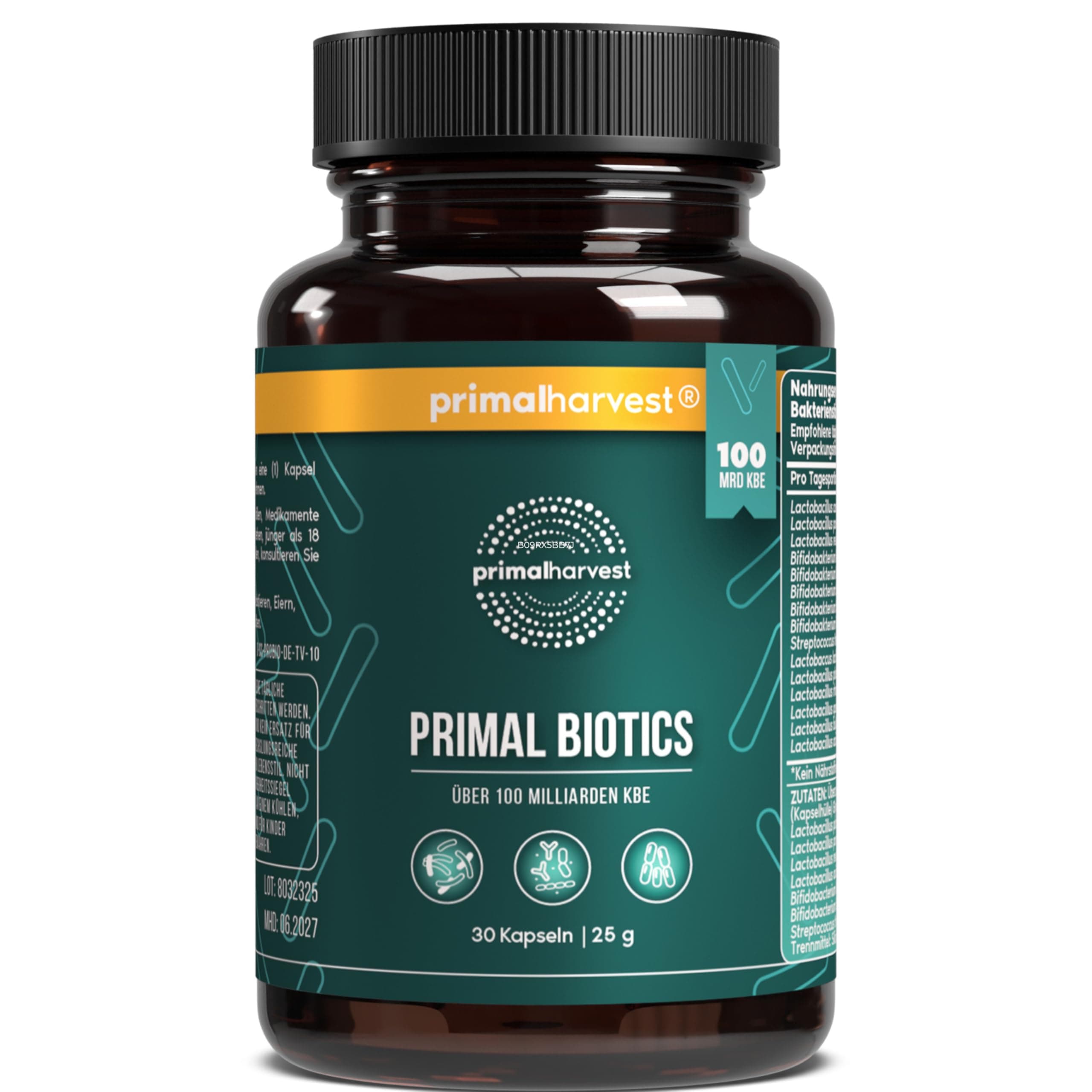 Primal Harvest ® Biotics - 30 Kapseln - 15 Bakterienstämme - 100 Mrd KBE + Inulin und Lebendkulturen - Laborgetestet - Magensaftresistente Kapseln