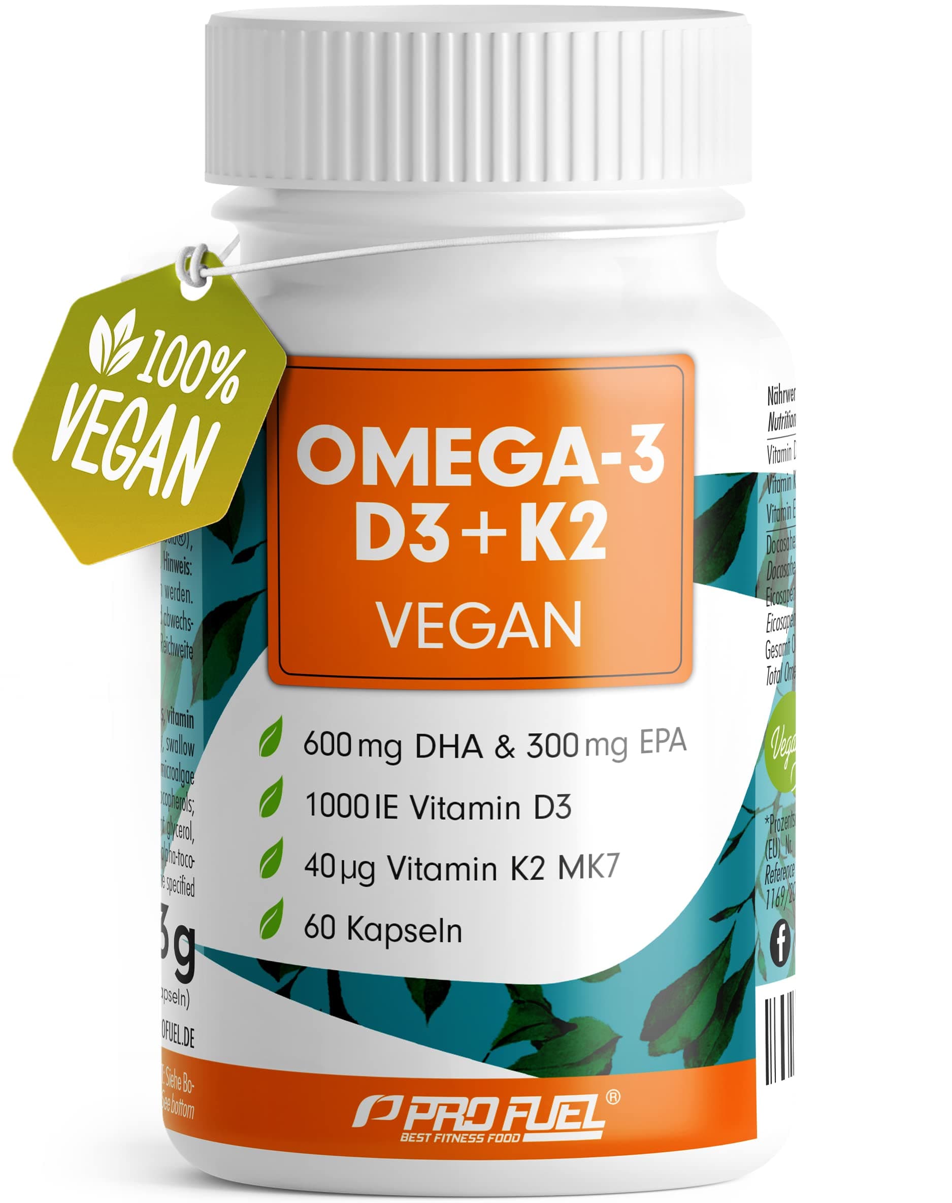 Omega-3 vegan + D3 & K2 (60x), 1100mg Algenöl mit 600mg DHA & 300mg EPA + 1000 IE Vitamin D3 + 40 µg Vitamin K2 - O3 D3 K2 vegan Essentials - Omega-3 Kapseln laborgeprüft mit Zertifikat