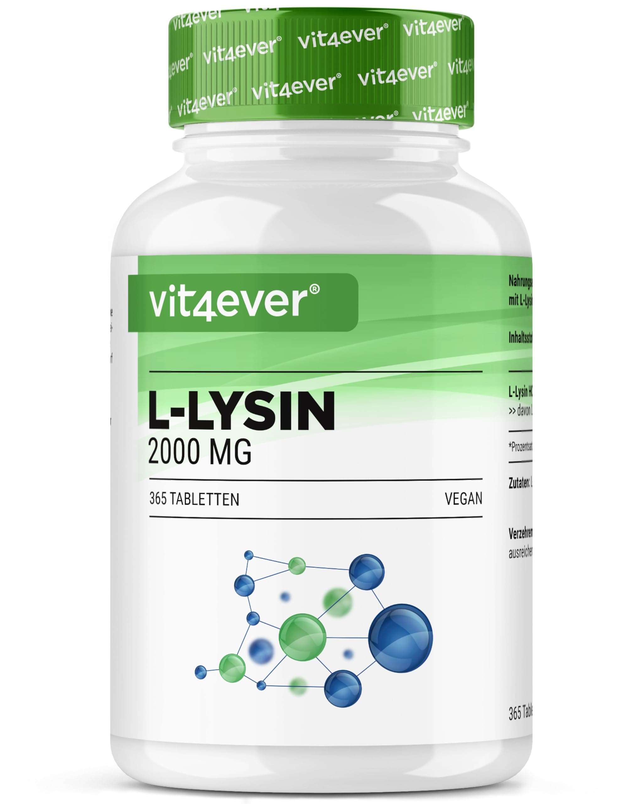 L-Lysin - 365 Tabletten - Hochdosiert mit 2000 mg L-Lysin HCL pro Tag - Aus pflanzlicher Fermentation - Ohne unerwünschte Zusätze - Vegan
