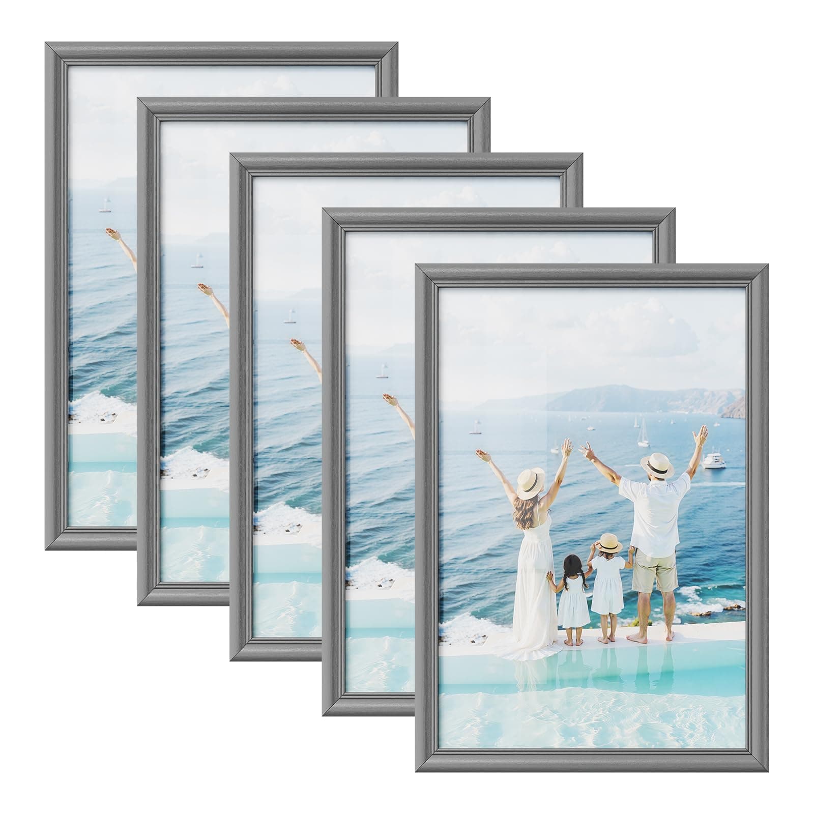 WOLTU Bilderrahmen 20x30 cm Grau, 5er Set Fotorahmen aus Massivholz und PS-Platte, Holzrahmen mit Passepartout, zum vertikalen oder horizontalen Aufhängen/Aufstellen, Posterrahmen Collage Wanddeko