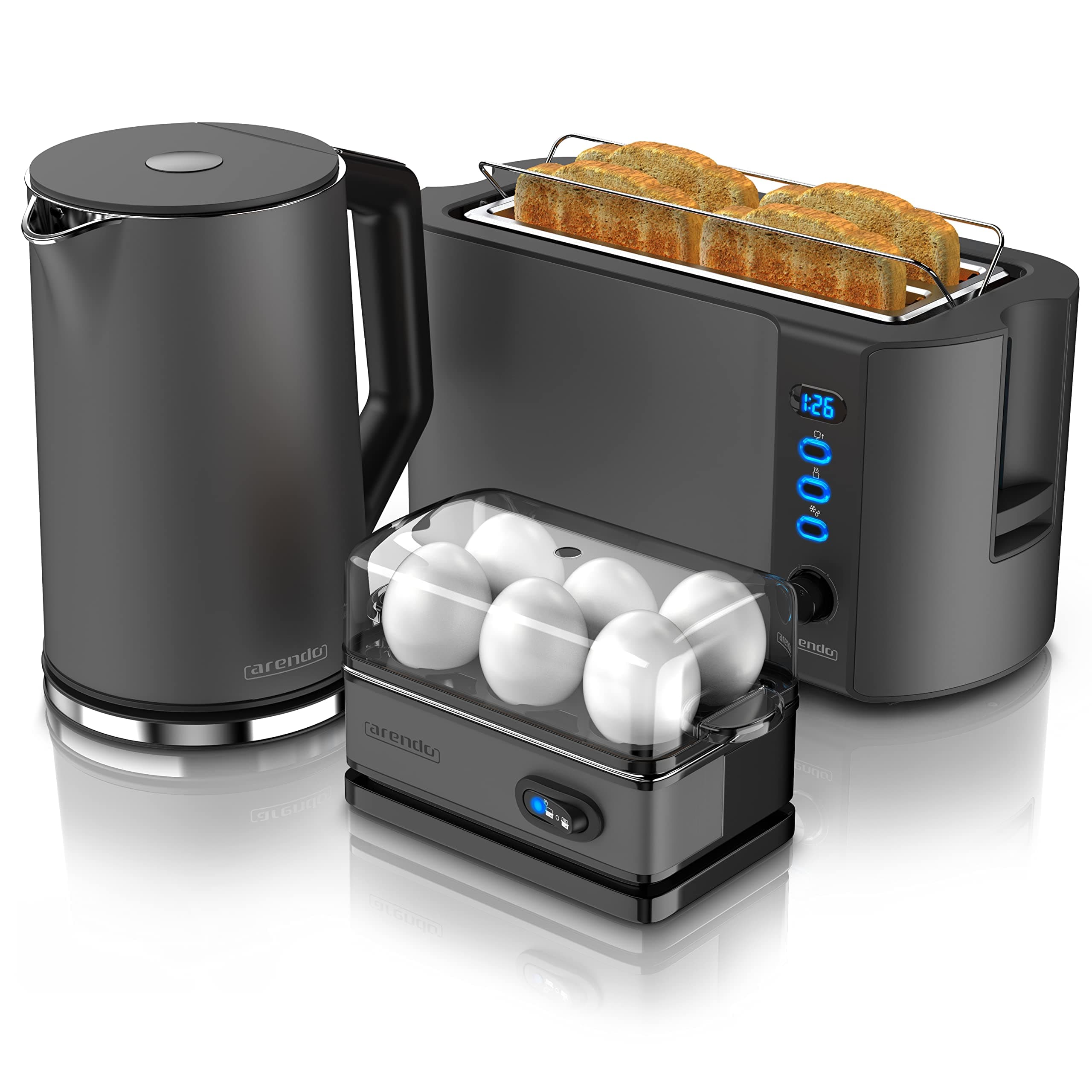 Arendo - Wasserkocher mit Toaster SET und Eierkocher, Edelstahl Cool Grey Wasserkocher 1,5L 40° 100°C Toaster 4 Scheiben LED-Display 6 Bräunungsgrade Eierkocher 1-6 Eier Messbecher