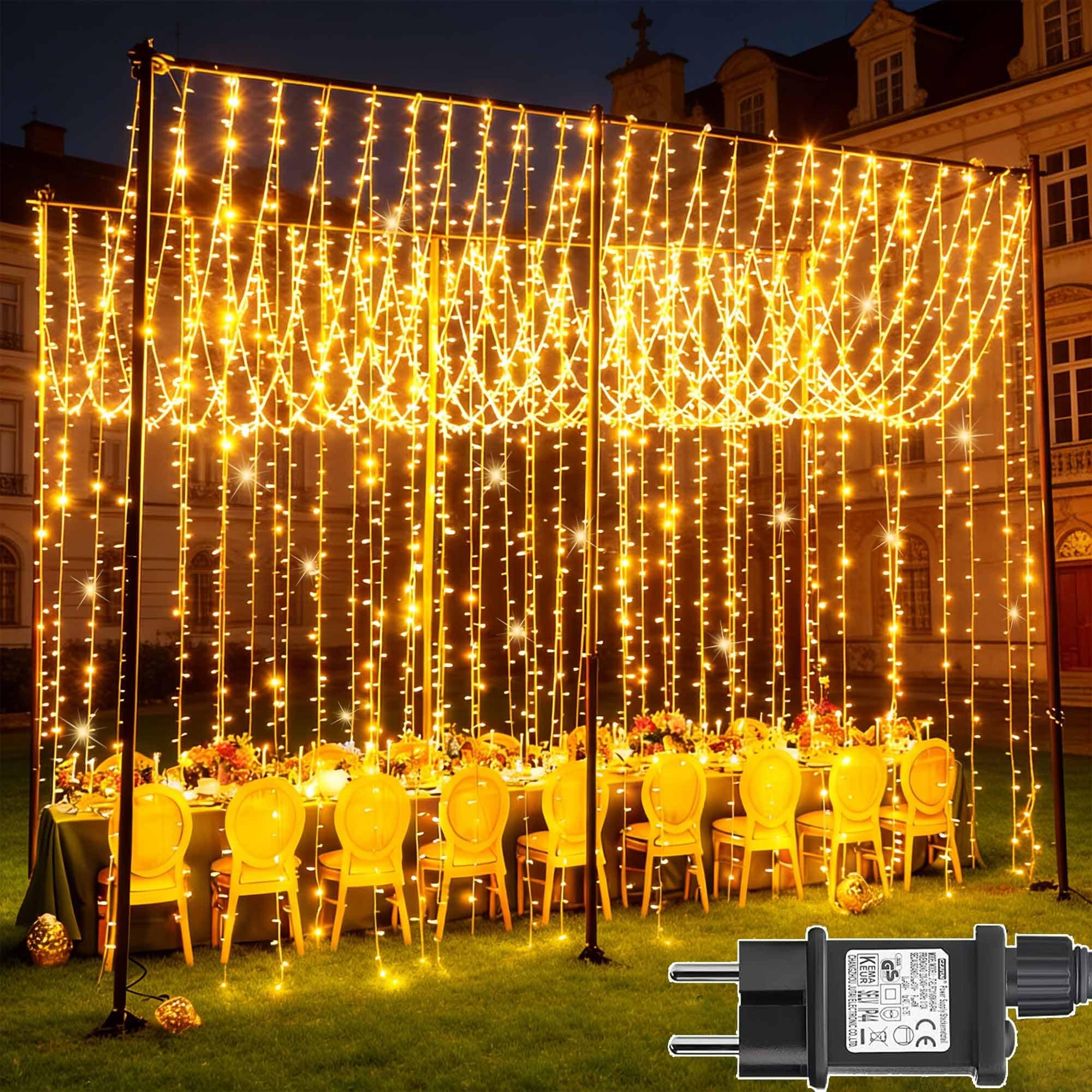 Joycome 2 Piezas Cortina de Luces, 6x3m 600 LED Cascada Luces con Enchufe, 8 Modos Decoración Boda Impermeable Cortina de Luz para Balcon Jardín Fiesta Pared Techo Escaparates Exterior - Blanco Cálido