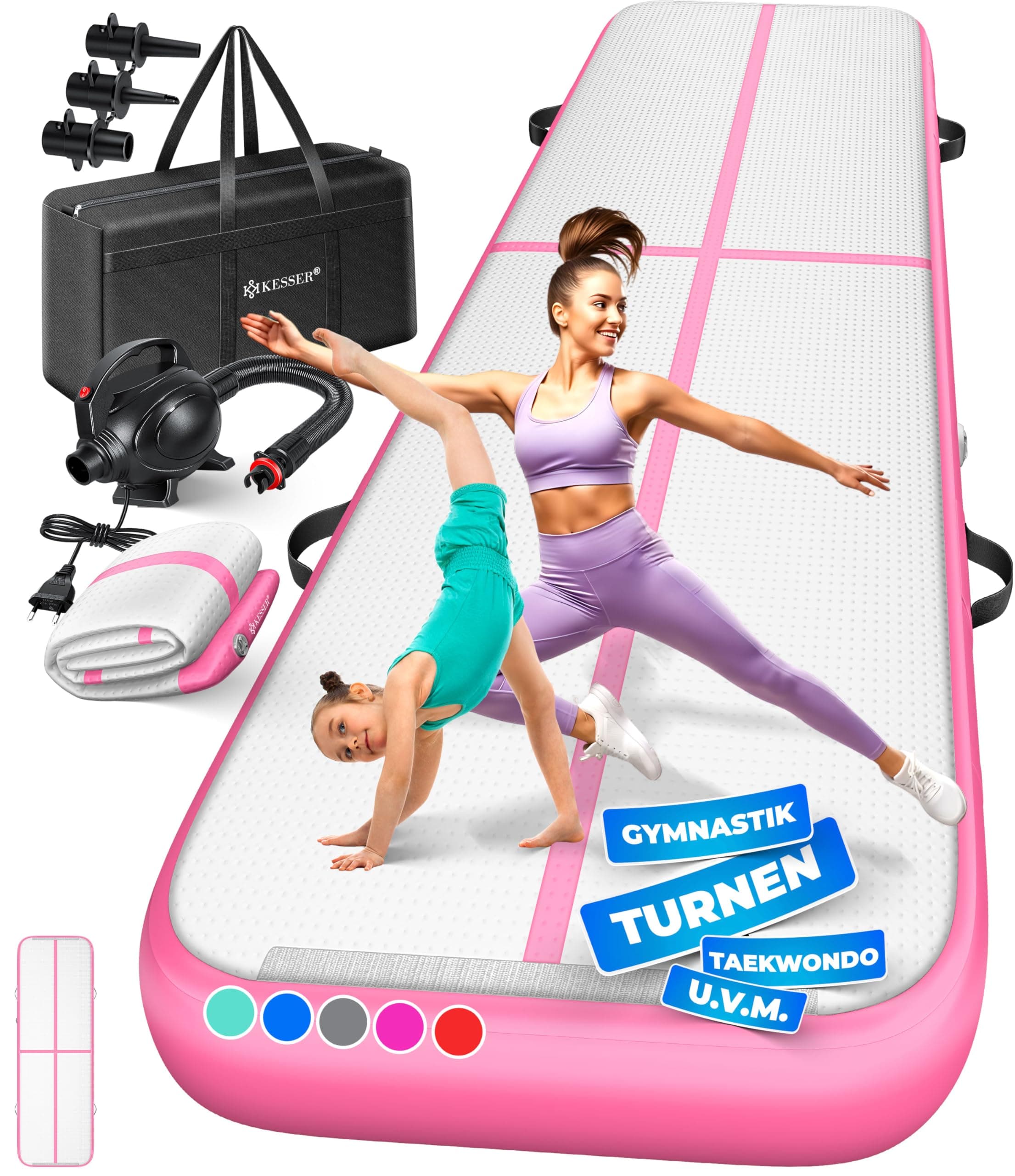 KESSER® Turnmatte Aufblasbar Airtrack 2m/3m/4m/5m/6m Fitness-Matte Gymnastikmatte | inkl. Tragetasche & elektr. Luftpumpe | Yogamatte, Tumbling Matten, Trainingsmatte, Turn- & Fitness