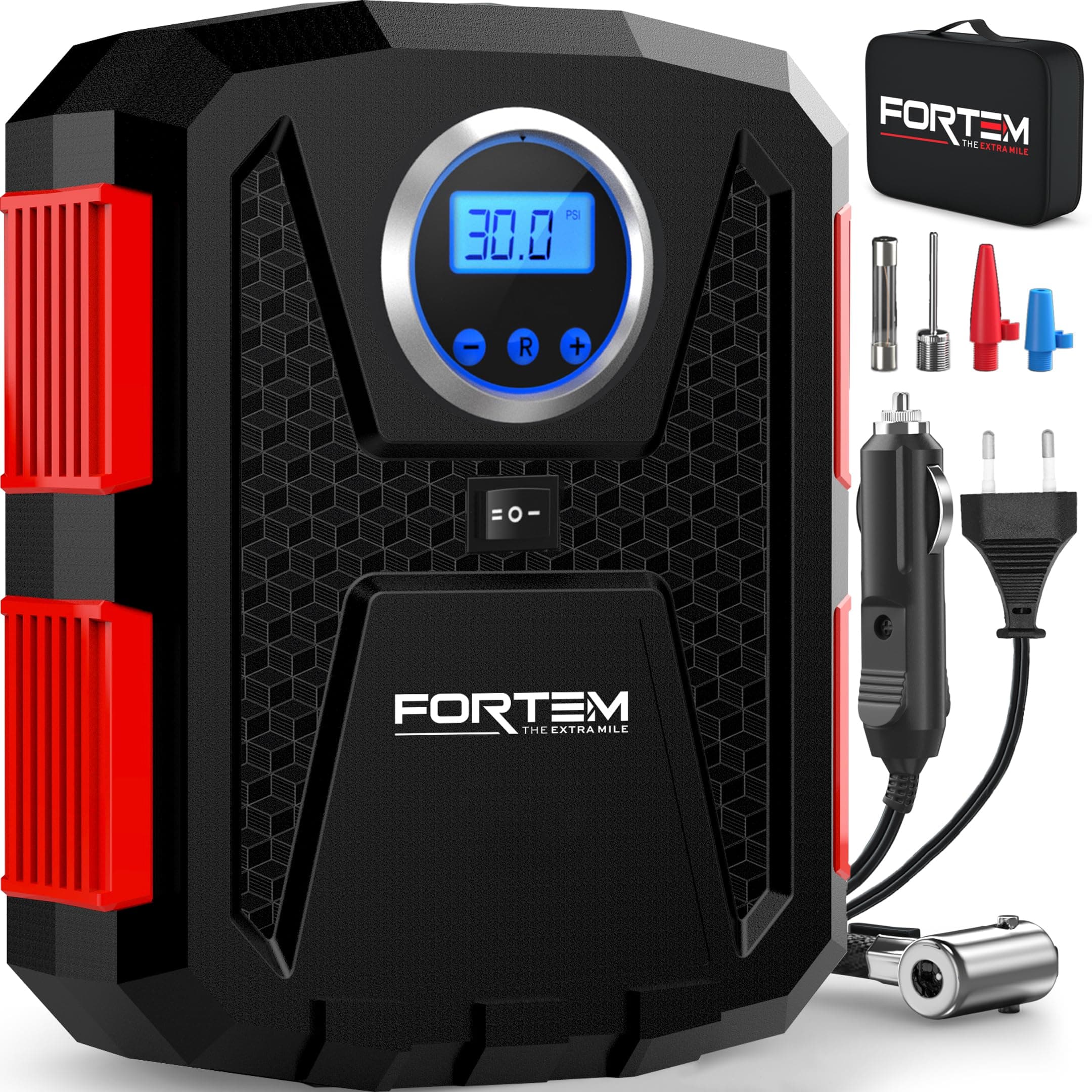 FORTEM Inflador de Ruedas de Coche, Compresor de Aire - Manómetro Digital, Autobombeo, Parada Automática - Bolsa de Transporte