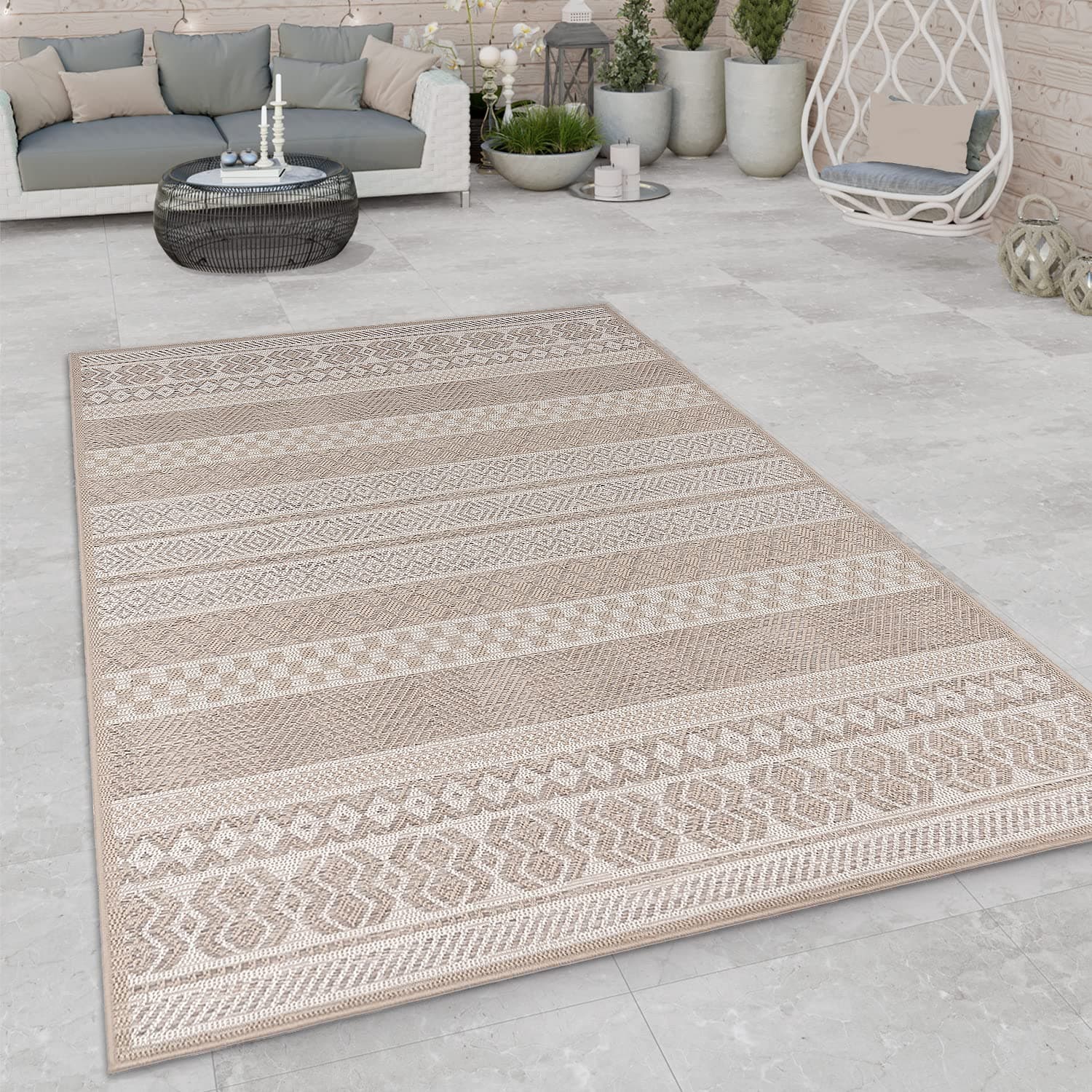 Paco Home Outdoor Teppich Flachgewebe Modern Boho-Style wetterfest & UV-beständig Ideal für Terrasse Balkon Wohnzimmer & Küche, Grösse:60x100 cm, Farbe:Beige