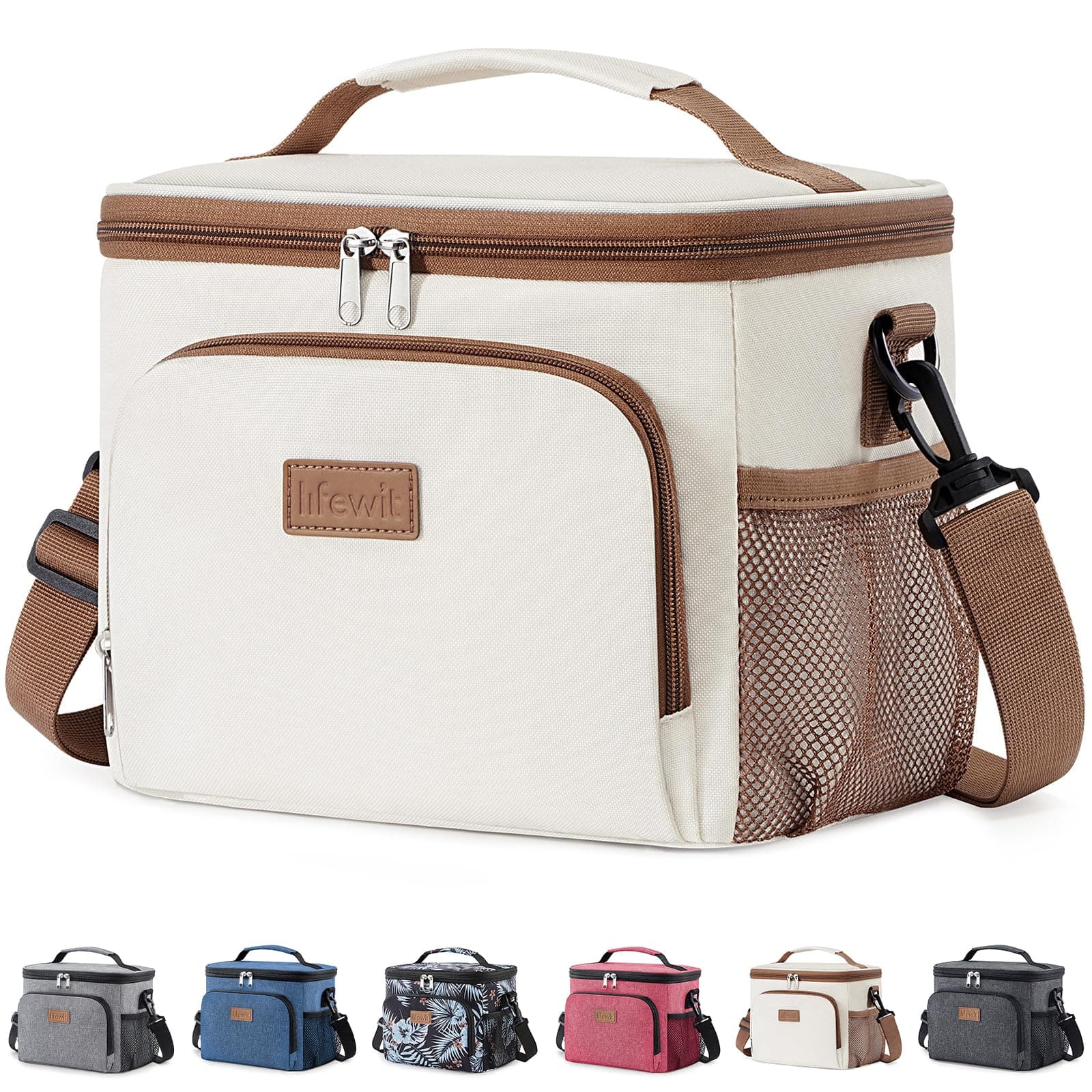 Lifewit Isolierte Kühltasche, Wiederverwendbare Lunchtasche, Tragbare Kühlbox auslaufsicher, Tragetasche mit verstellbarem Schulterriemen für Erwachsene für Arbeit/Picknick, Creme, 9L 12 Dosen