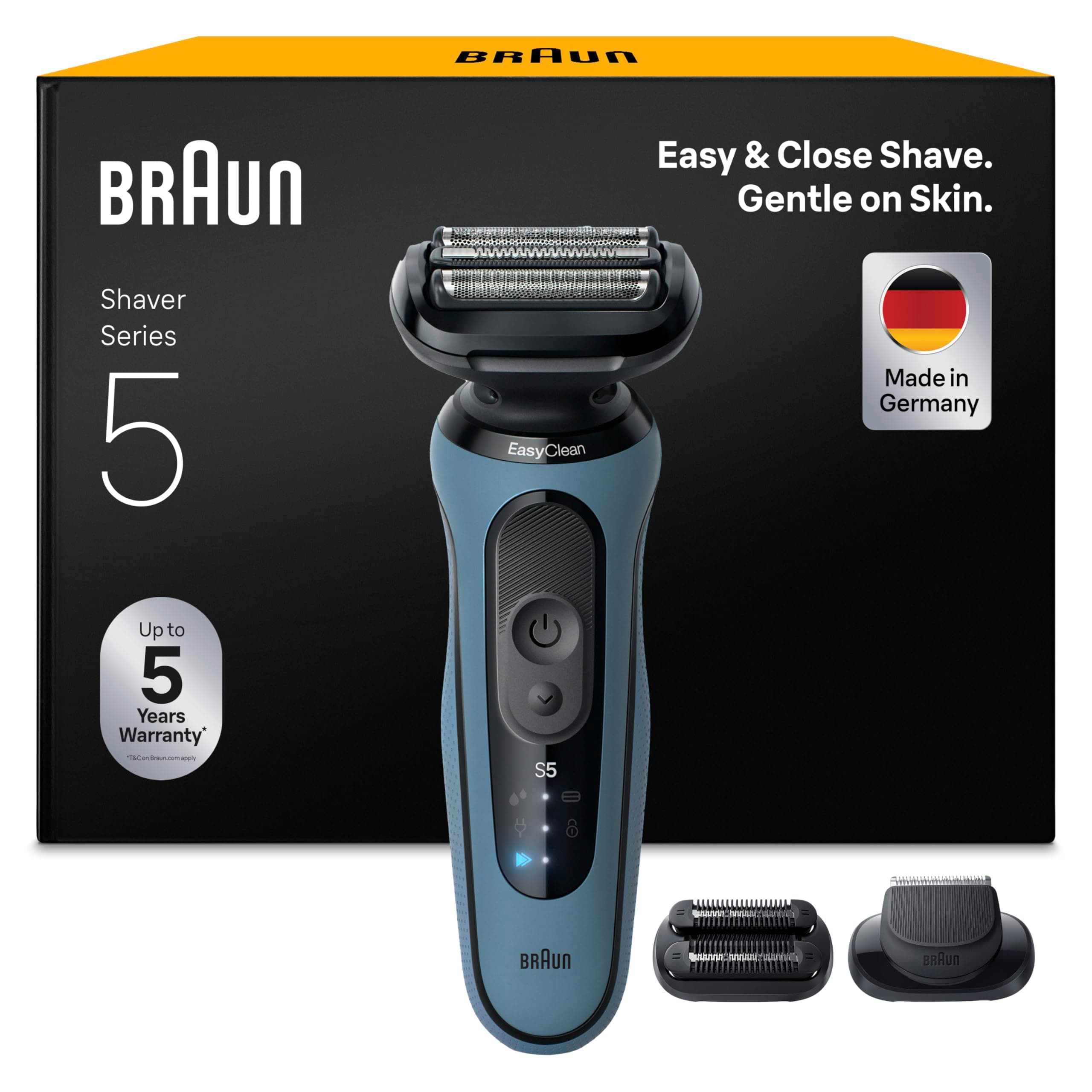Braun Series 5 Elektrorasierer Herren, Rasierapparat mit 50 Min. Akkulaufzeit, +2 Aufsätze, Kabelloser Nass- und Trockenrasierer für Männer, Made in Germany, Wasserdicht, 52-A1820si, Azurblau