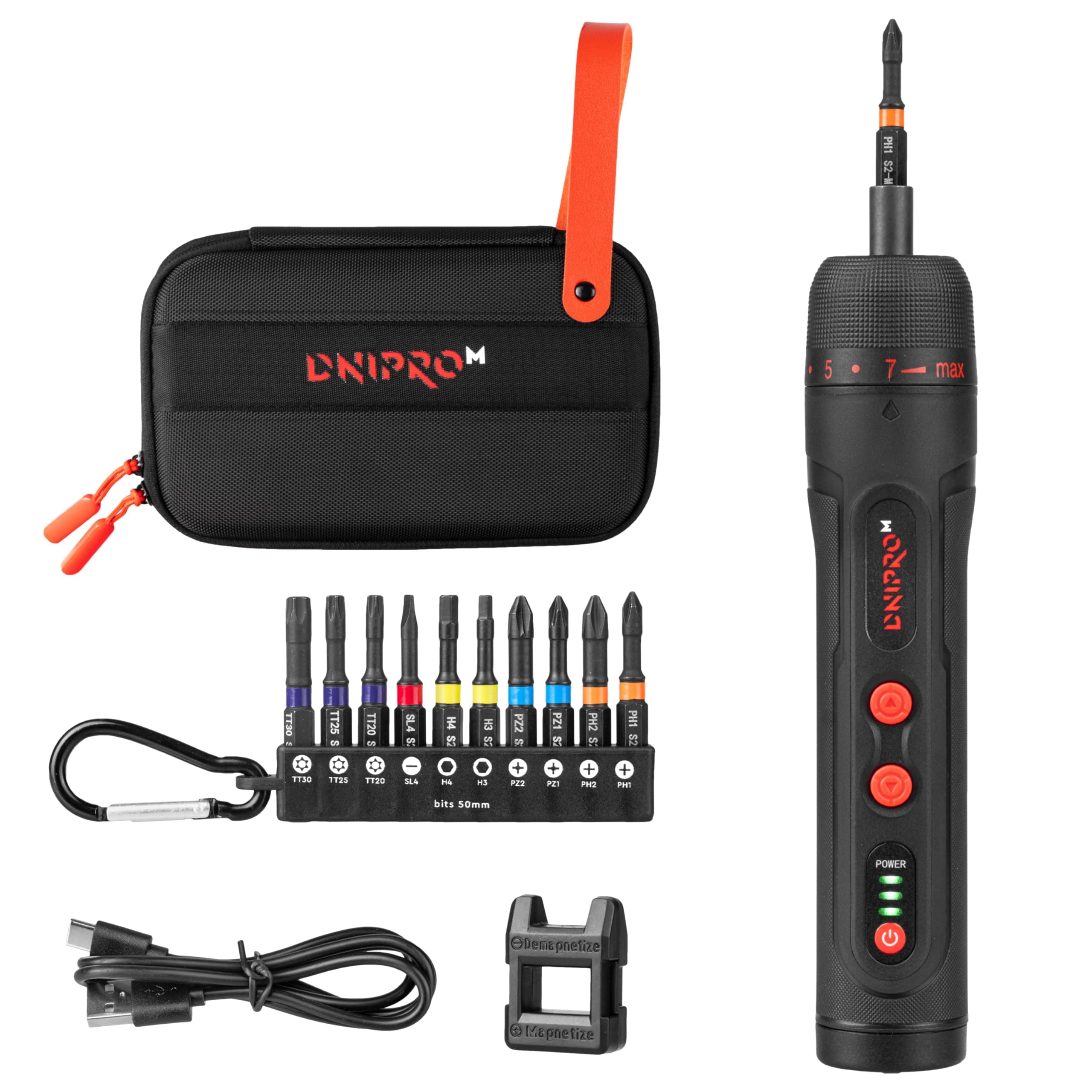 Dnipro-M Destornillador Eléctrico 3.6V, Atornillador Eléctrico a Batería 2000 mAh USB-C, 4,5 Nm Auto / 10 Nm Manual, 320 rpm, Luz LED, 10 Puntas – Mini Atornillador para Muebles y Bricolaje, CSD-40X
