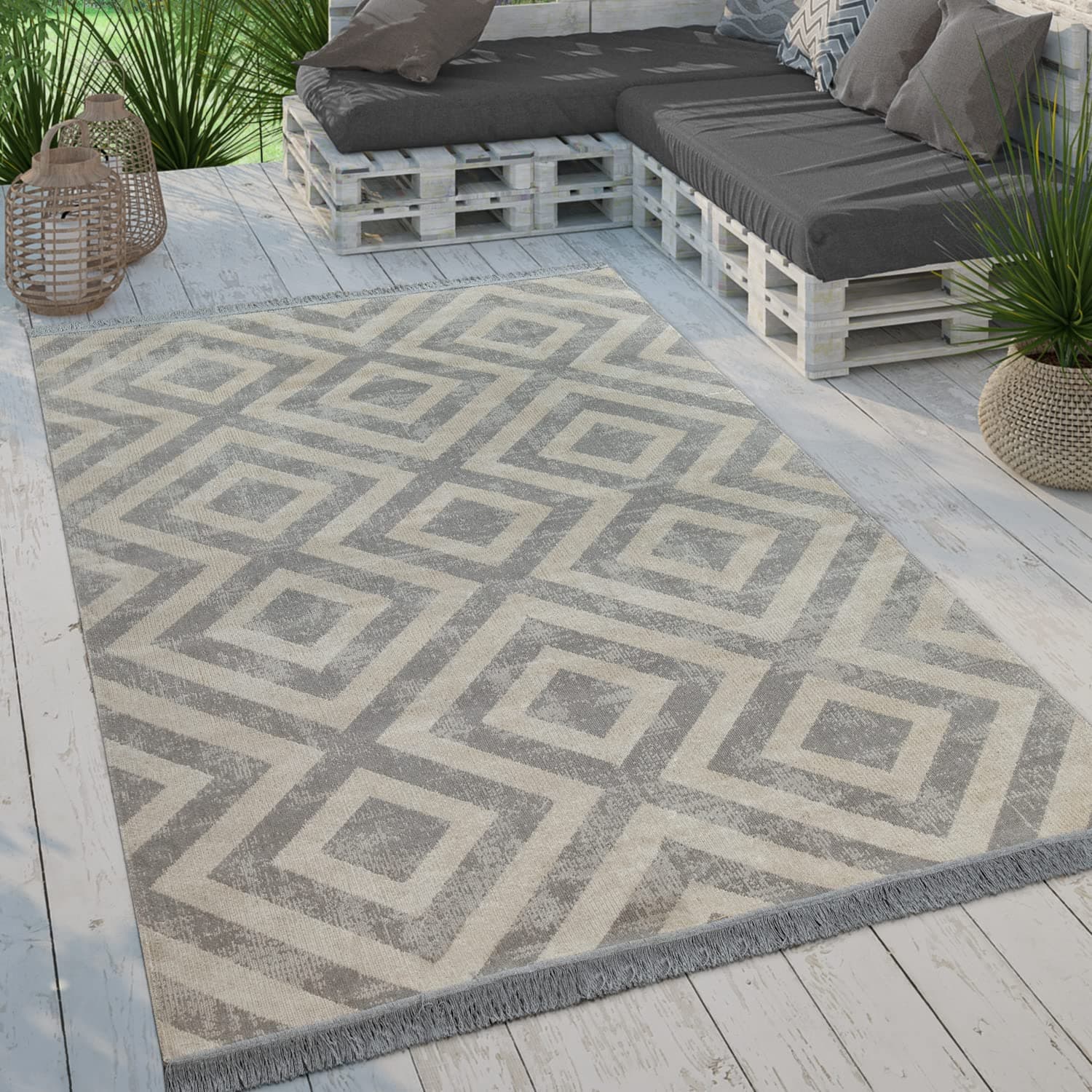 Paco Home Moderner Outdoor Teppich Geometrisches Rauten-Muster im Vintage-Look Flachgewebe Wetterfest & Pflegeleicht für Garten, Terrasse & Balkon, Grösse:200x280 cm, Farbe:Grau-Weiß