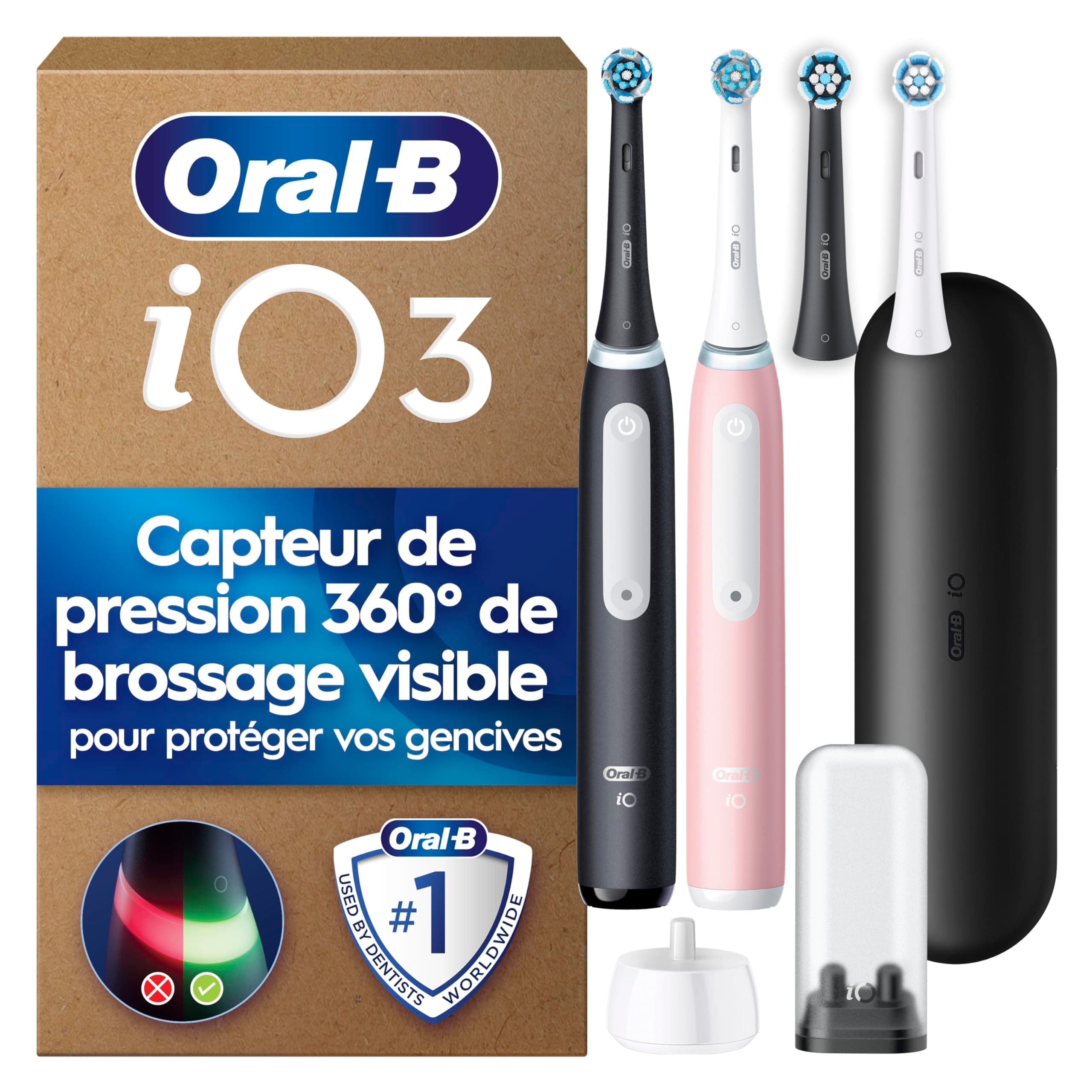 Oral-B Brosse A Dents iO 3, Pack Duo, Manches Noire Et Rose, 5 Modes De Brossage Dont Blancheur Et Soin De Gencives, Capteur De Pression, 4 Brossettes Oral B De Rechange, Etui De Voyage