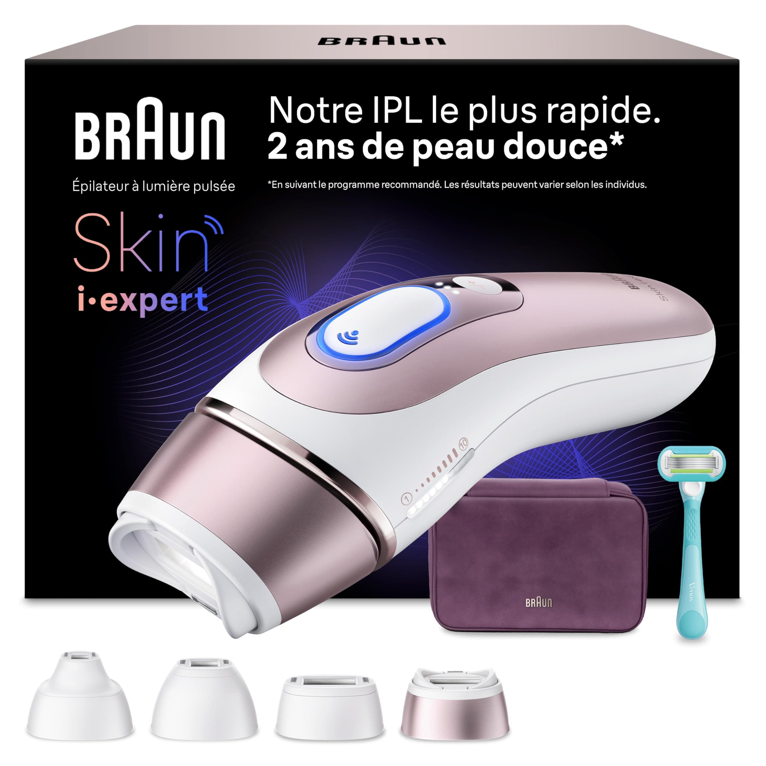 Braun Epilateur Lumiere Pulsee Smart Skin i·expert, Alternative Au Laser A Domicile, Réduction Semi-Définitive Des Poils, Avec Application, Pochette, Rasoir Femme Gillette Venus, 4 Têtes, PL7431