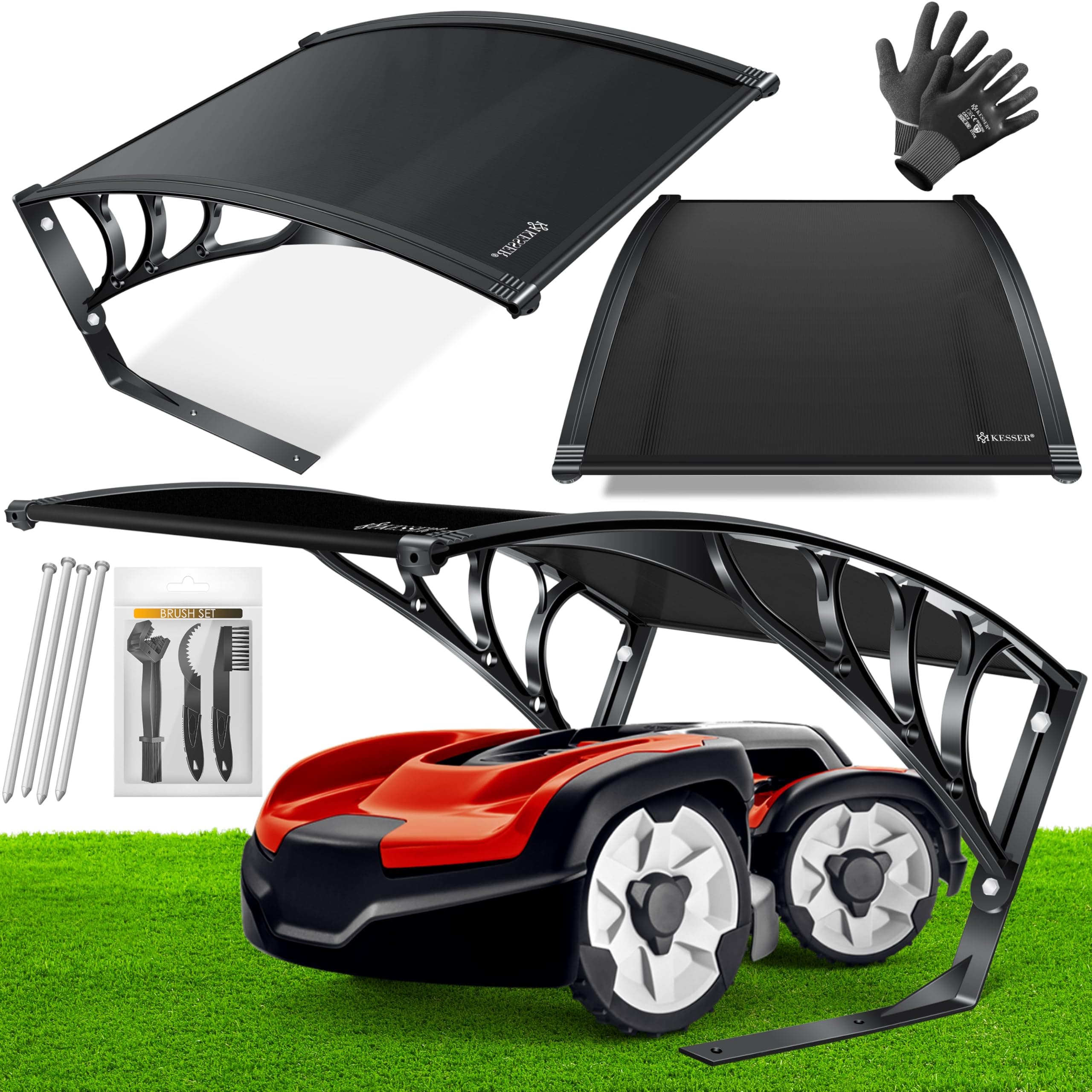 KESSER® Mähroboter Garage Dach Carport Überdachung für Rasenmäher Rasenroboter Automower Garten Witterungsbeständig Mährobotergarage inkl. Handschuhe & Brushset, Maße 82x103x47cm, Schwarz