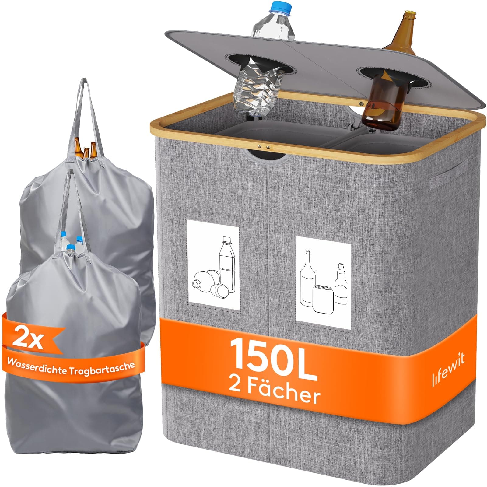 Lifewit 150L Pfandflaschen Sammelbehälter, Flaschen Organizer mit Deckel, Flaschensammler Leergut 2 Fächer, Pfandflaschen Aufbewahrung, Pfandflaschen Behälter für Kunststoff, Glasflaschen, Grau