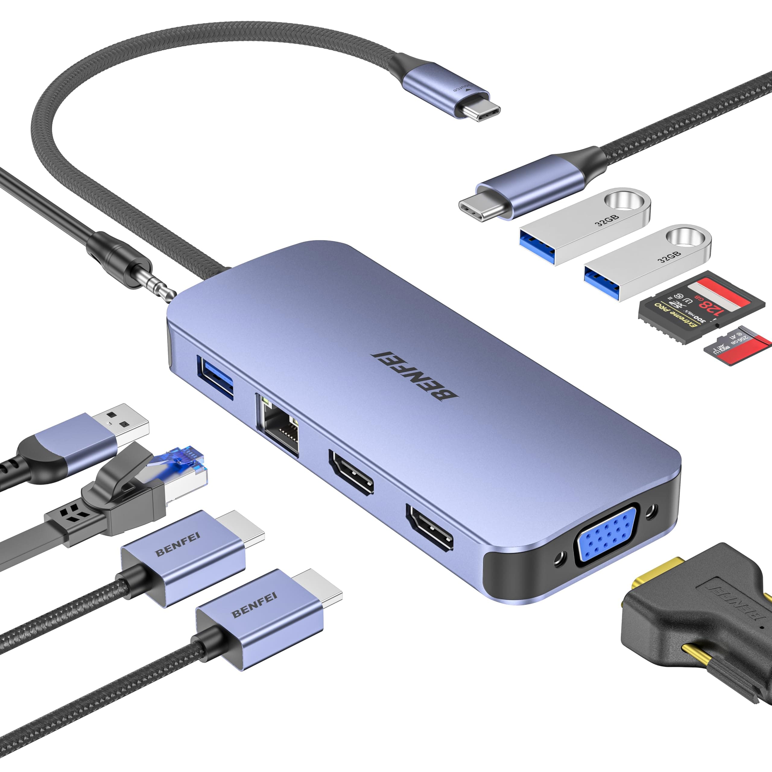 BENFEI 11-in-1 USB C Hub Triple Display Docking Station Doppio HDMI, VGA, 3*USB 3.0, 1Gbps Ethernet, 100W Power Delivery, Lettore di schede SD/TF, Audio AUX da 3,5 mm.