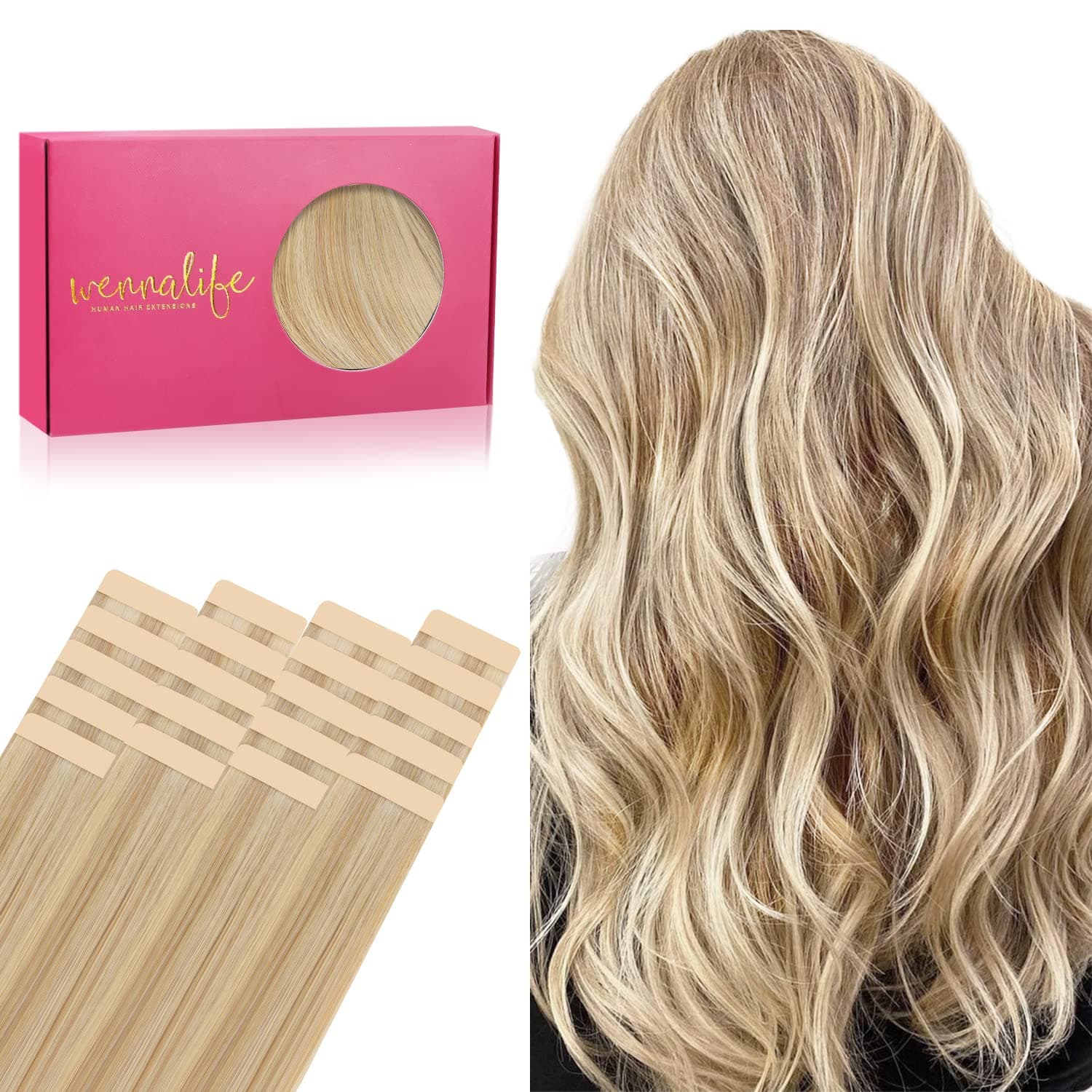 WENNALIFE Extension Capelli Veri Biadesivo, 20pz 35cm 50g Biondo Chiaro con Riflessi Biondi Dorati Extension Biadesive Capelli Veri Lisci Remy Tape in Hair Extensions Capelli Setosi