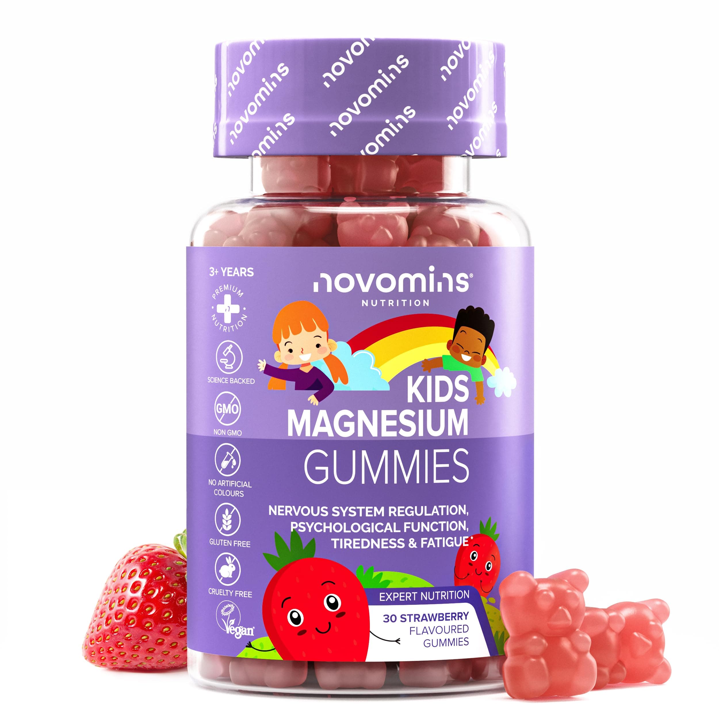 Gominolas de Magnesio para Niños - 546 mg de Citrato de Magnesio que Proporcionan 60 mg de Magnesium - Suplemento Vegano y Sin Gluten - 30 Gominolas - 1 Mes de Suministro - Sabor Fresa - Novomins