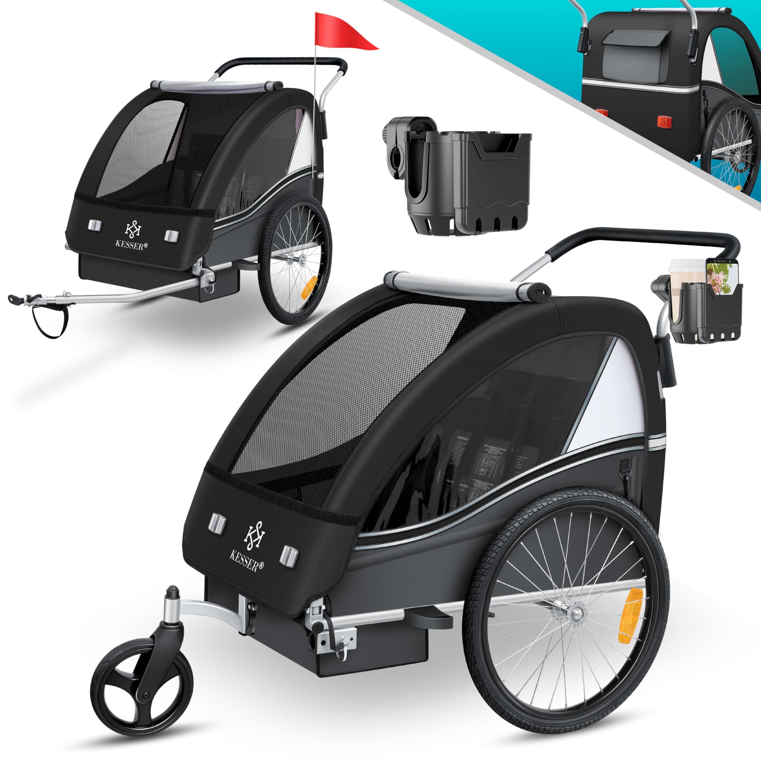 KESSER® Kinderfahrradanhänger Sport-RX 2in1 Jogger & Buggy 5-Punkt-Gurt Sicherheitsgurt 360° Vorderrad Kinderfahrradanhänger Reflektoren für 1-2 Kinder (max. 40 kg) Getränkehalter & Smartphonefach