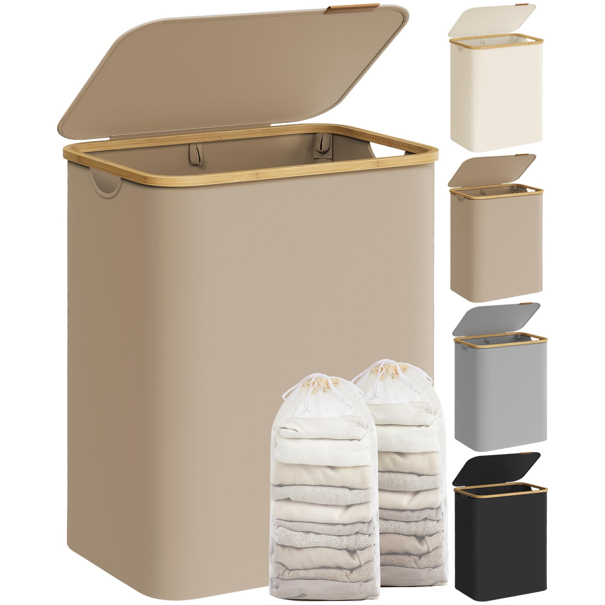 SONGMICS Wäschekorb mit Deckel, Wäschesammler mit 2 Fächern, 130 L, herausnehmbarer Wäschesack, Oxford-Gewebe, Griffe aus Bambus, zusammenklappbar, 52 x 38,5 x 70,5 cm, kamelbraun LCB513LJ01