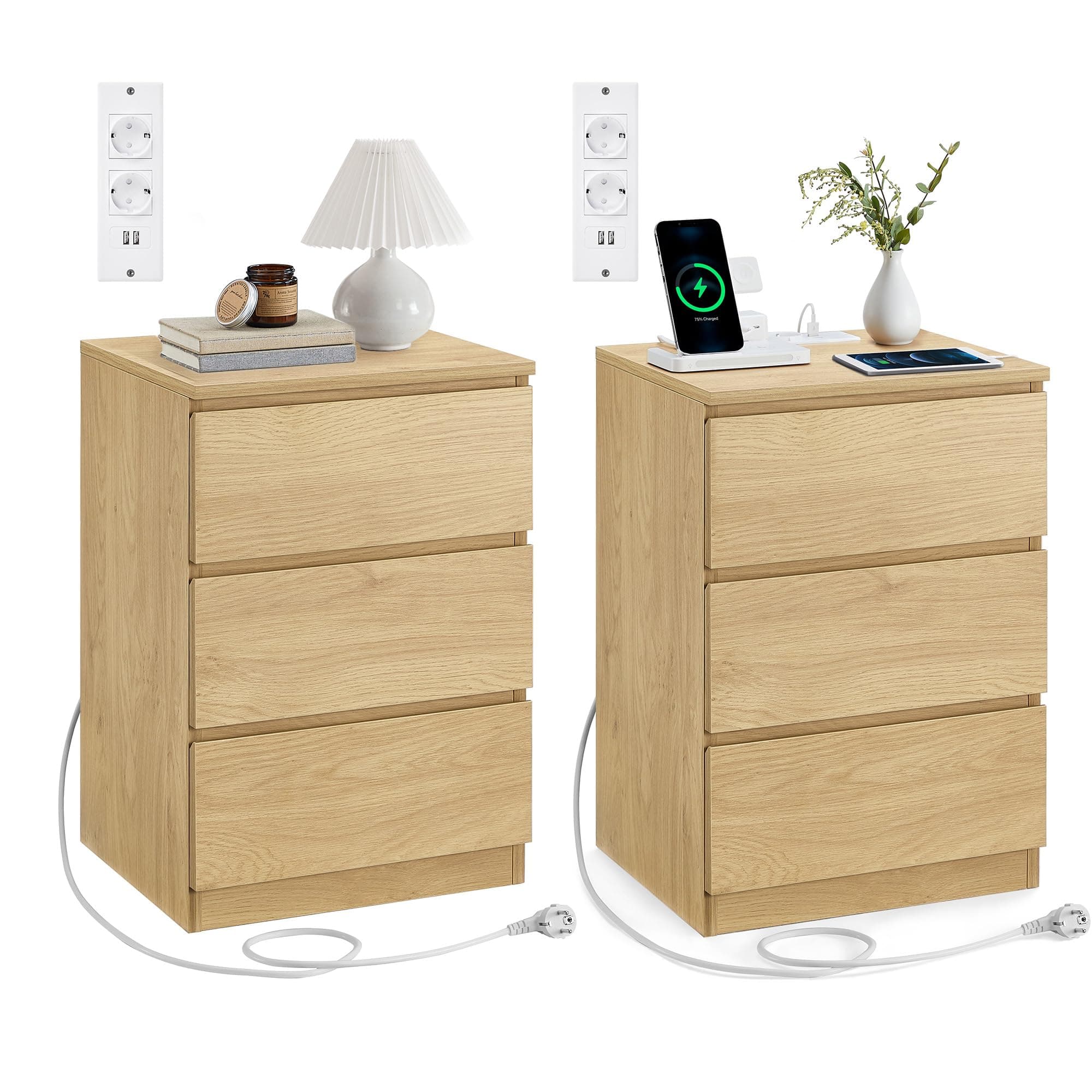 VASAGLE Kailyn Kollektion - Nachttisch mit Steckdosenleiste, 2er Set, Beistelltisch, 3 Schubladen, 2 AC-Steckdosen, 2 USB-A-Anschlüsse, modern, strohgelb LET831Y70