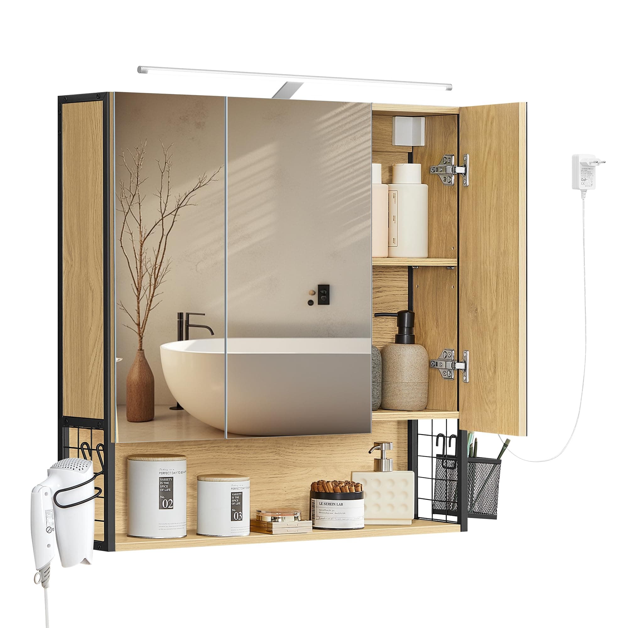 VASAGLE Armadietto da Bagno con Luce LED, 14,5 x 70 x 70 cm, Spina, Cestino Pensile, Porta Asciugacapelli, Mobile a Parete con Specchio, Rovere Naturale BBK124Y01