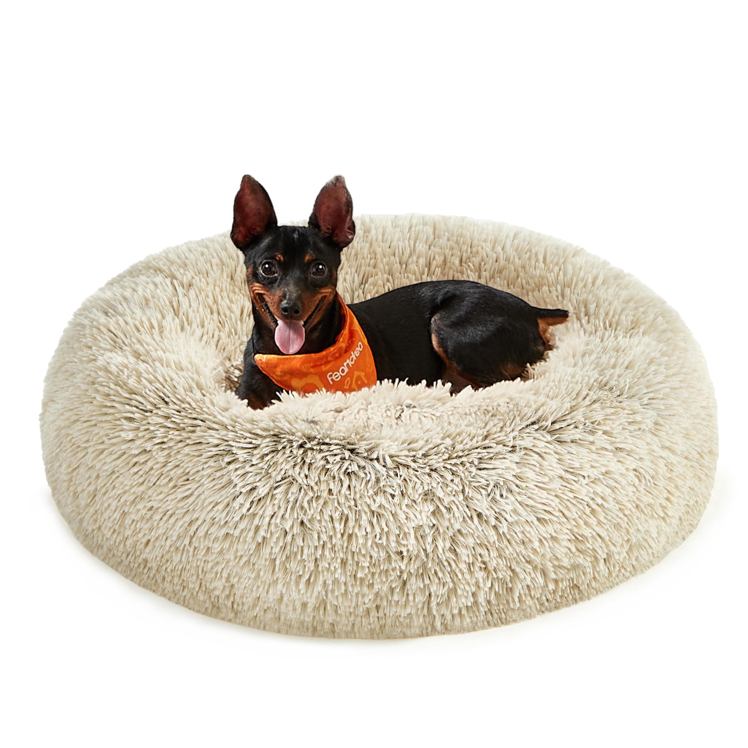Feandrea Hundebett flauschig, Katzenbett, Donut Kissen, waschbar, Polsterung in der Mitte herausnehmbar, Langer Plüsch, 60 cm Durchmesser, Ombré-Khaki PGW038S01