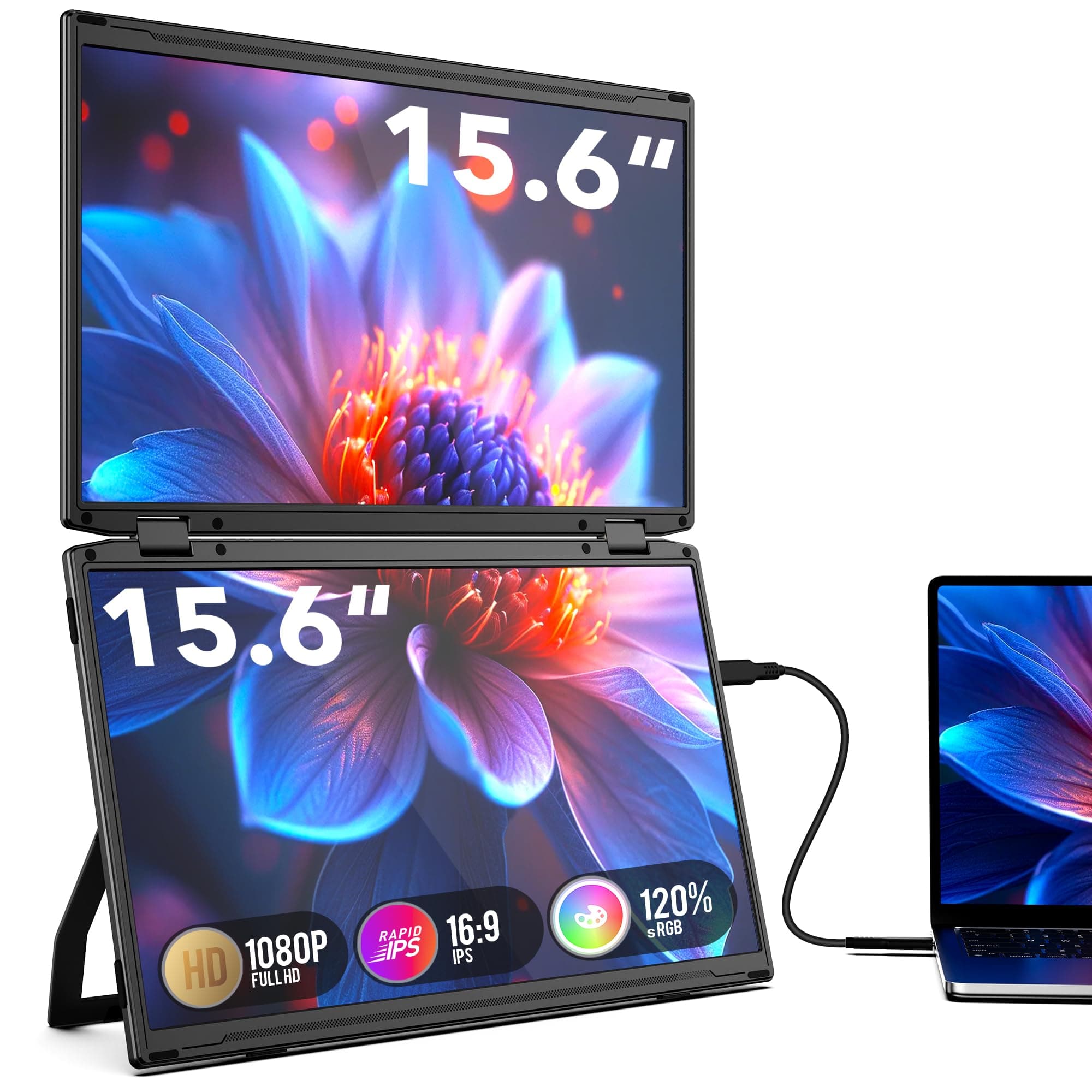 SMISEACOW Monitor portatile per laptop, 15,6 pollici IPS 1080P FHD, monitor portatile pieghevole a tre schermi, VESA, rotazione a 360°, compatibile con Windows/Mac/DeX/Chrome e PC desktop/Mini PC