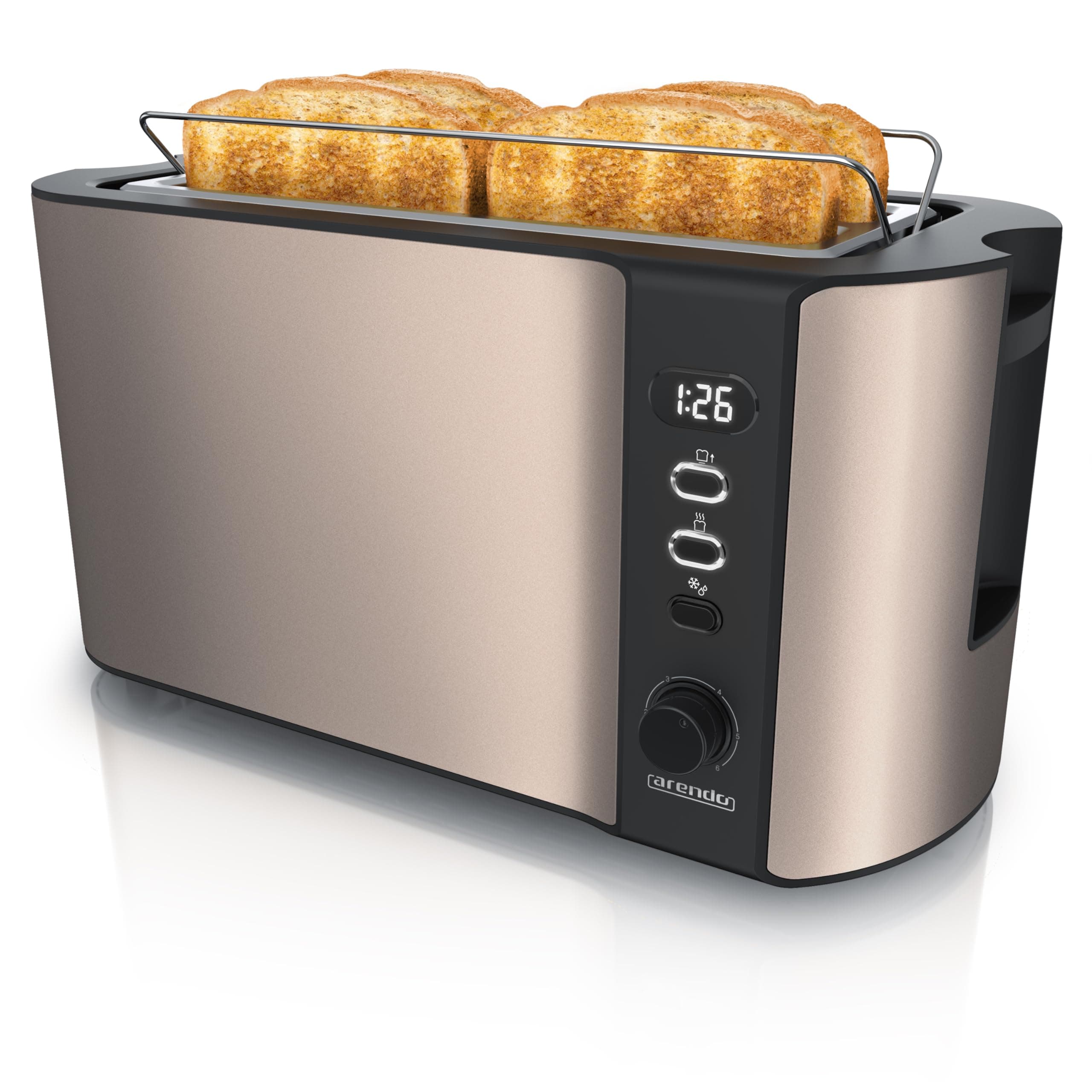 Arendo - Edelstahl Toaster Langschlitz 4 Scheiben - Defrost Funktion - wärmeisolierendes Gehäuse - mit integriertem Brötchenaufsatz - Krümelschublade - Display mit Restzeitanzeige - Bronze Design