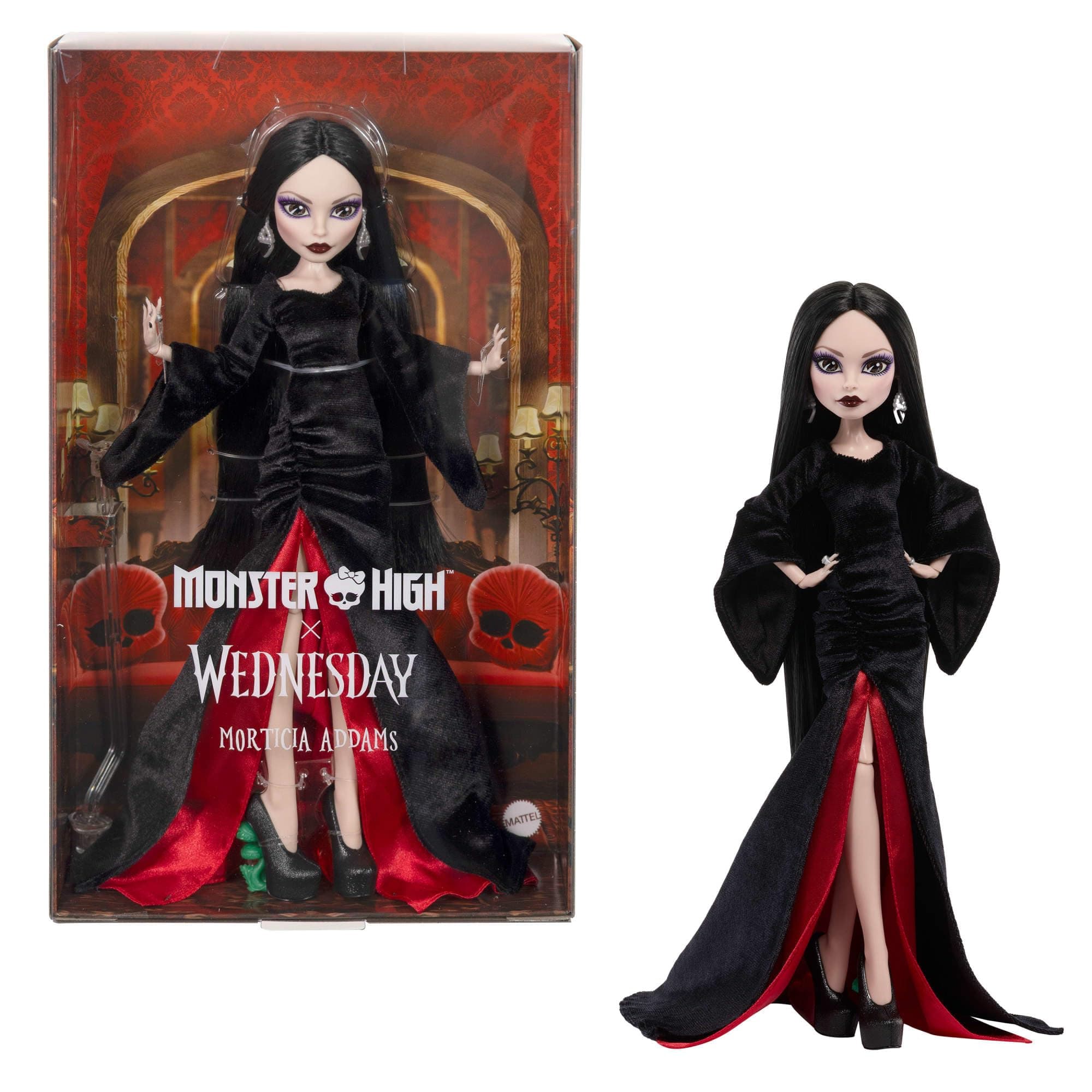 Monster High x Wednesday Puppe, Morticia Addams Sammelfigur im schwarz-purpurrotem Samtkleid mit Schmuck, von der Serie inspirierte Heels und Puppenständer, JLK99