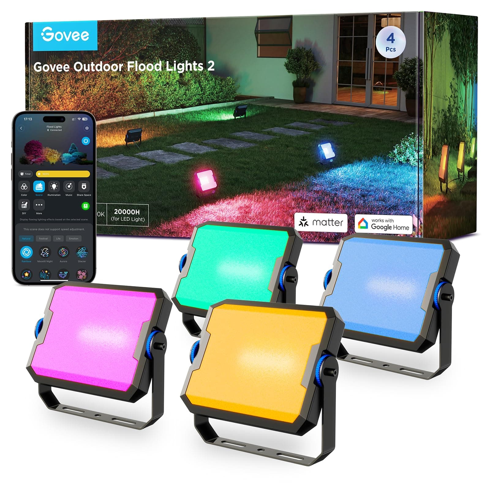 Govee Outdoor LED Strahler 48W, RGB Strahler Außen mit Kalt/Warmweißes Licht Bis zu 4000LM, Kompatibel mit Alexa, Matter, 50+ Szenen, IP66 Wasserdicht Flutlicht für Garten, Landschaft Deko, 4pcs