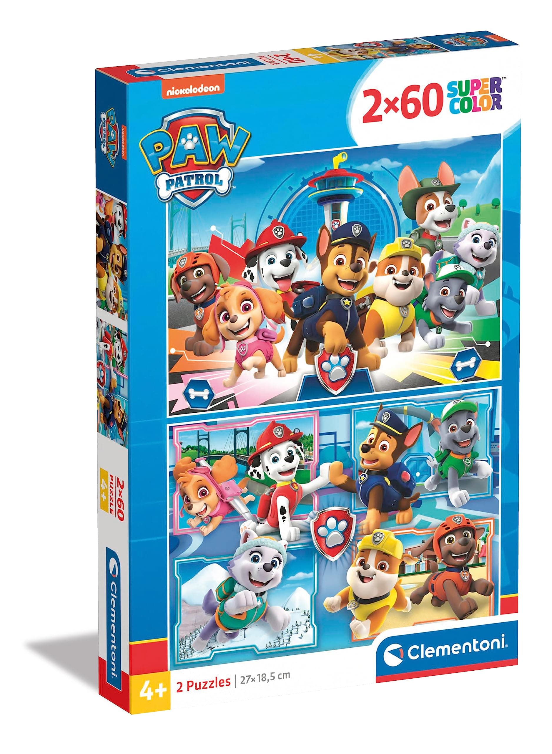 Clementoni 21617 Supercolor Paw Patrol – Puzzle 2 x 60 Teile ab 4 Jahren, buntes Kinderpuzzle mit besonderer Leuchtkraft & Farbintensität, Geschicklichkeitsspiel für Kinder